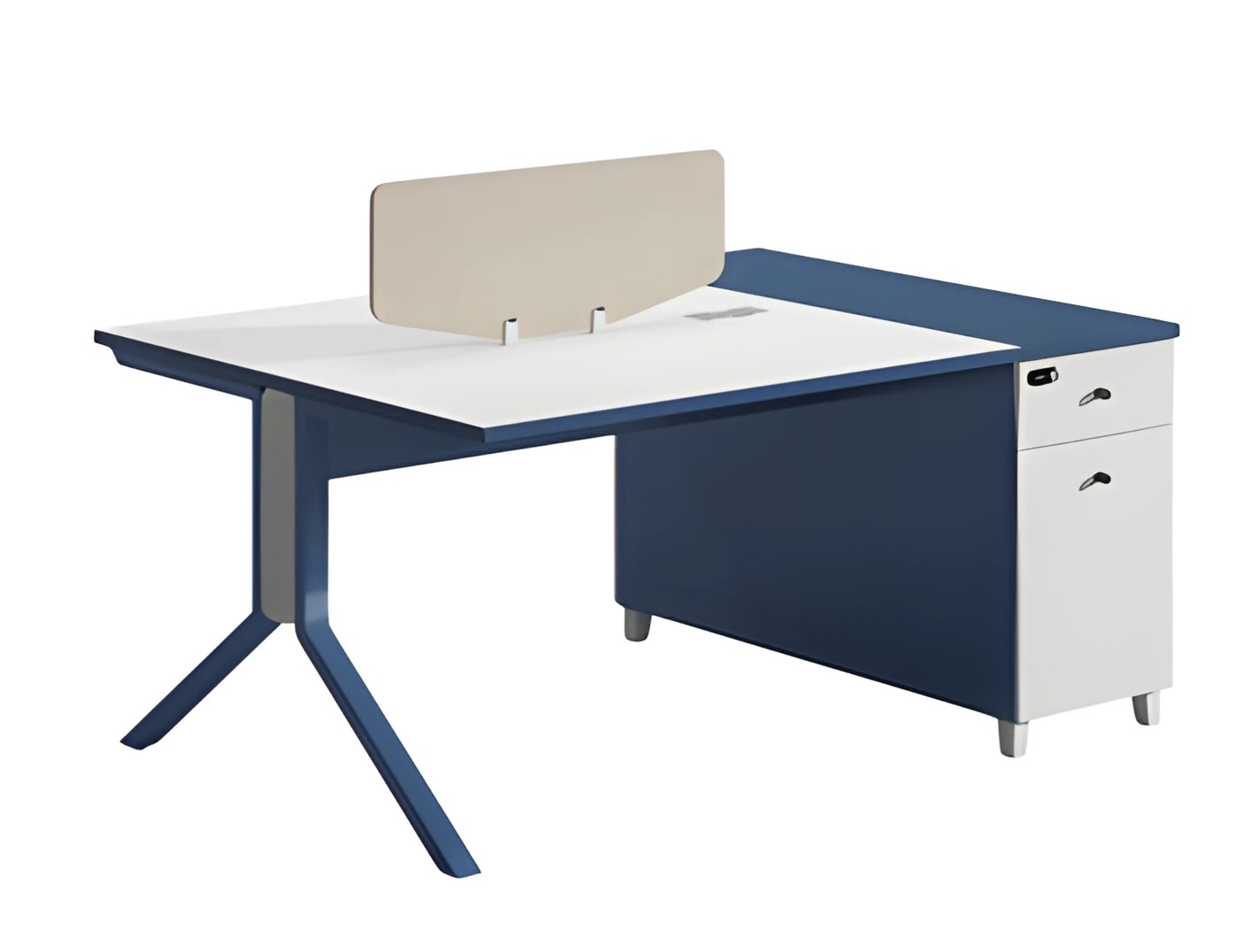 Modern conference table with white surface and blue elegant design