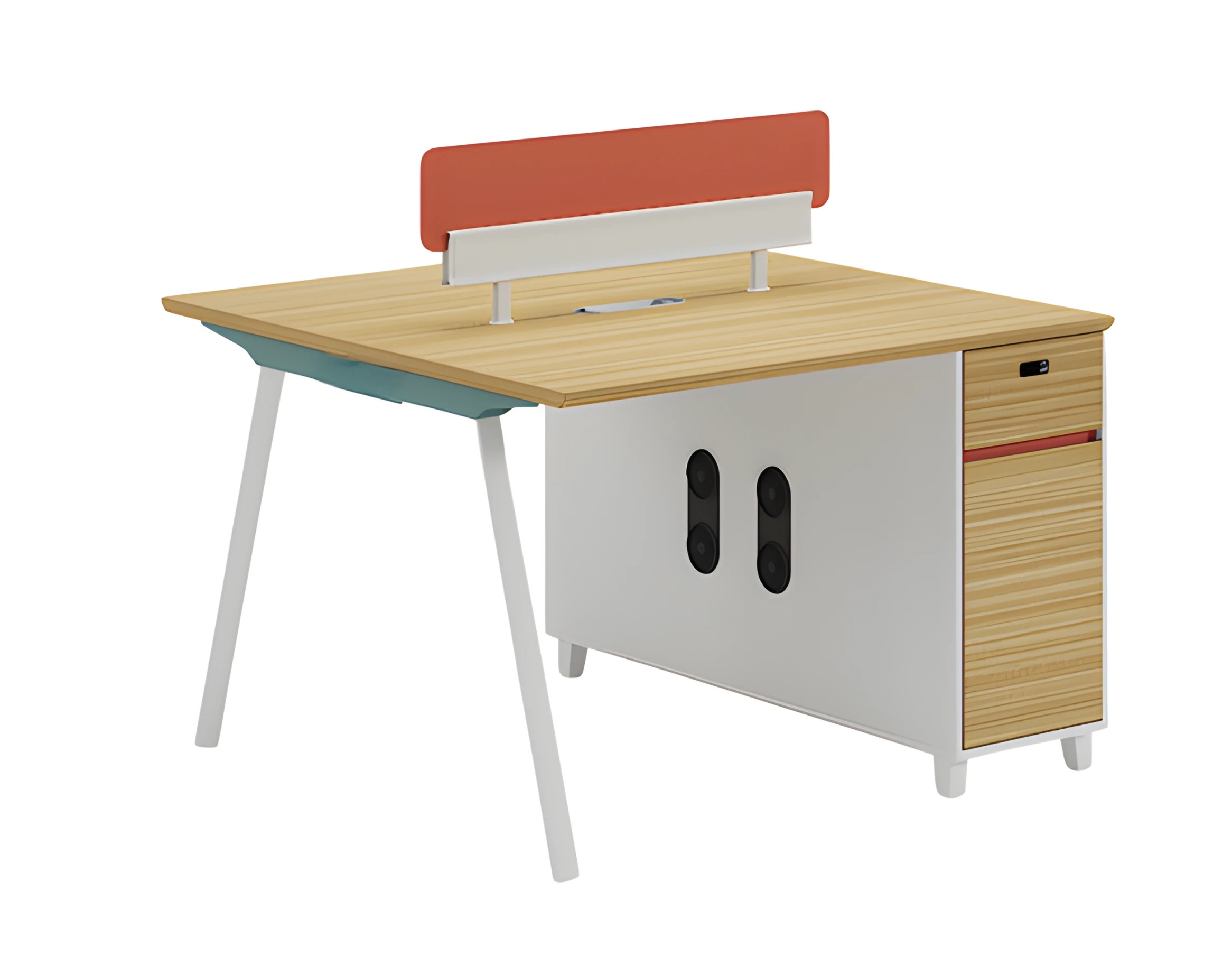 Desk in blue and white with functional storage practical partition
