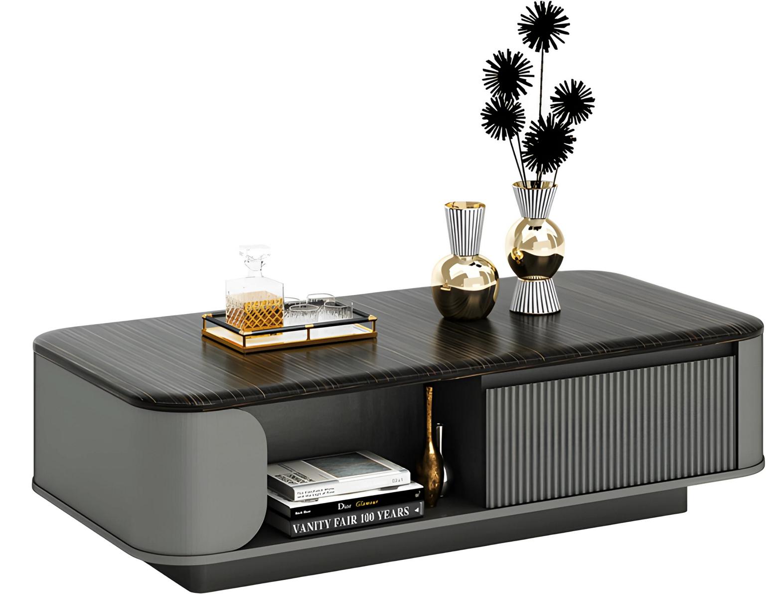 Modern coffee table elegant design black tabletop open shelf compartments