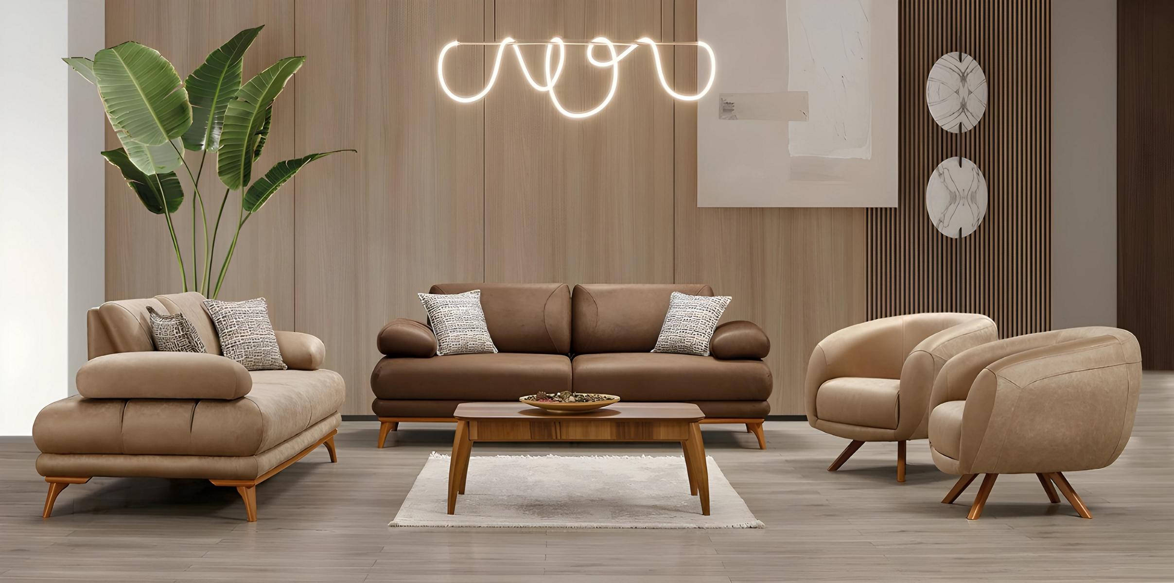 Elegant brown living room set made of faux leather with modern sofas.
