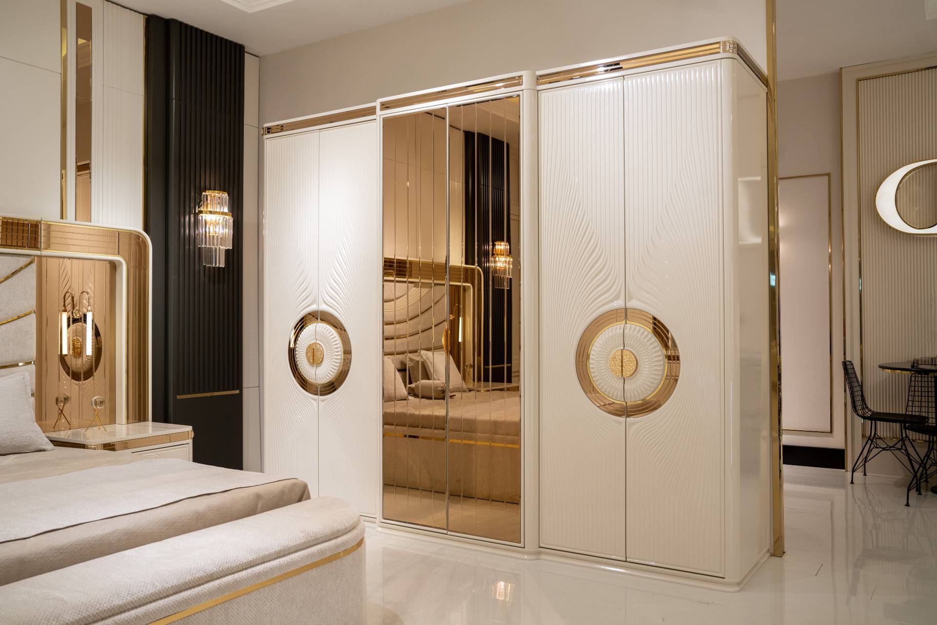 Beige wooden wardrobe in an elegant style with generous storage space.