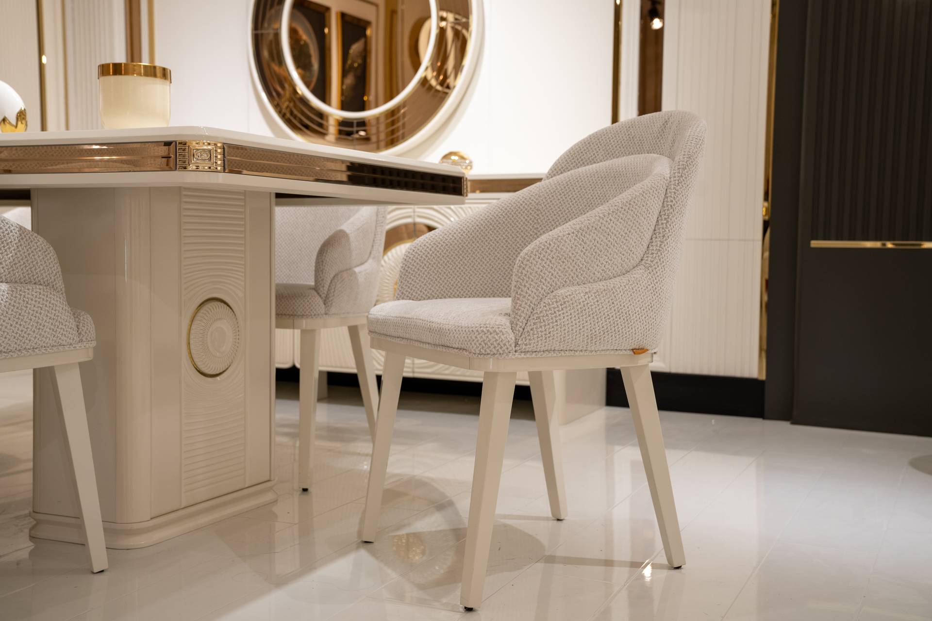 Elegant beige chairs made of textile-wood in a timeless design.