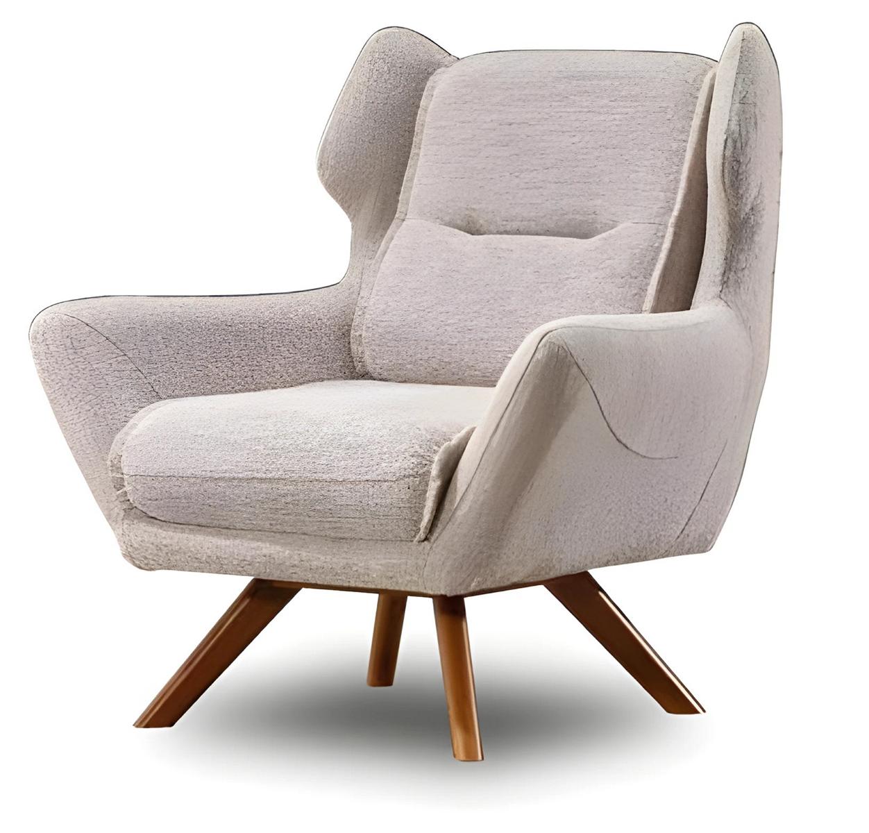 Modern light gray upholstered armchair made of wood for the living room.