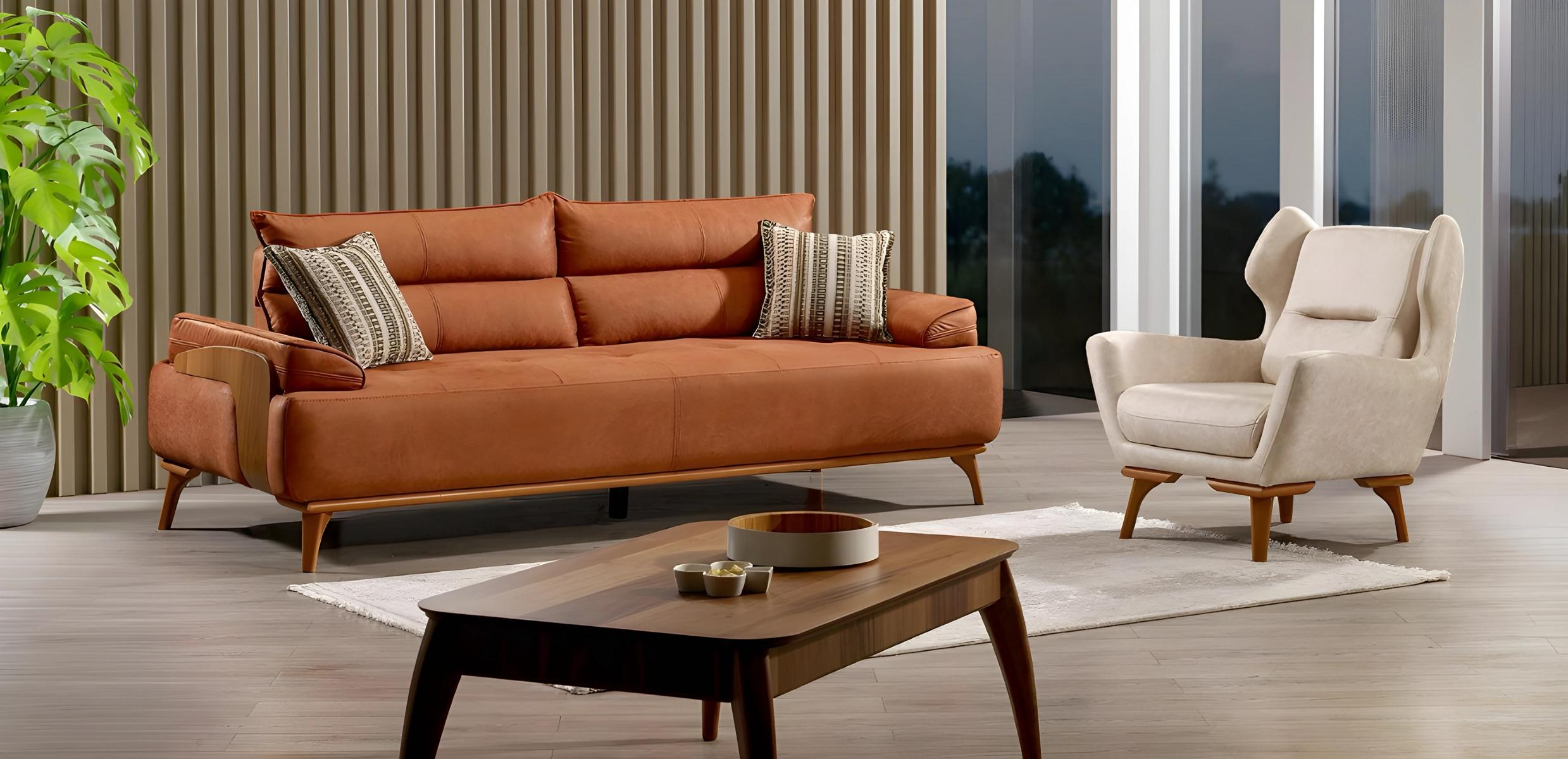 Elegant living room set made of fabric in orange with a wooden frame.