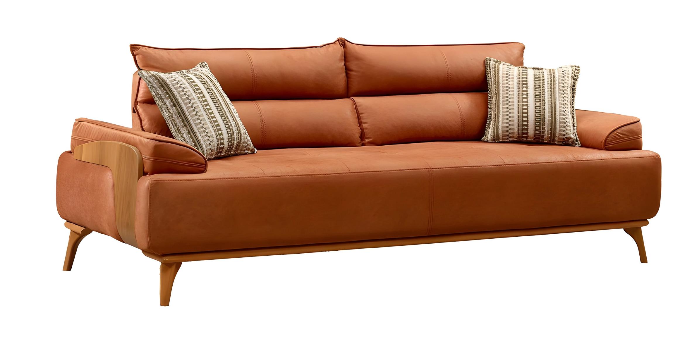 Elegant orange fabric sofa, 3-seater, modern design.