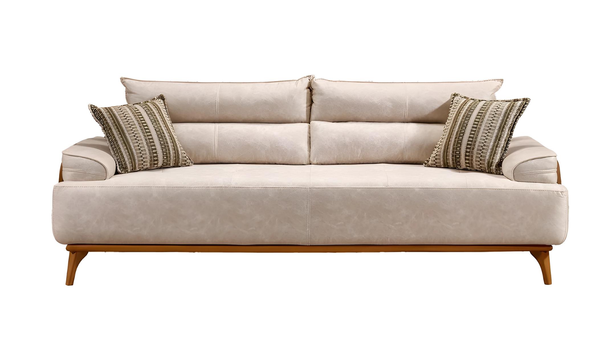 Elegant white fabric sofa with wooden frame for a modern living room.