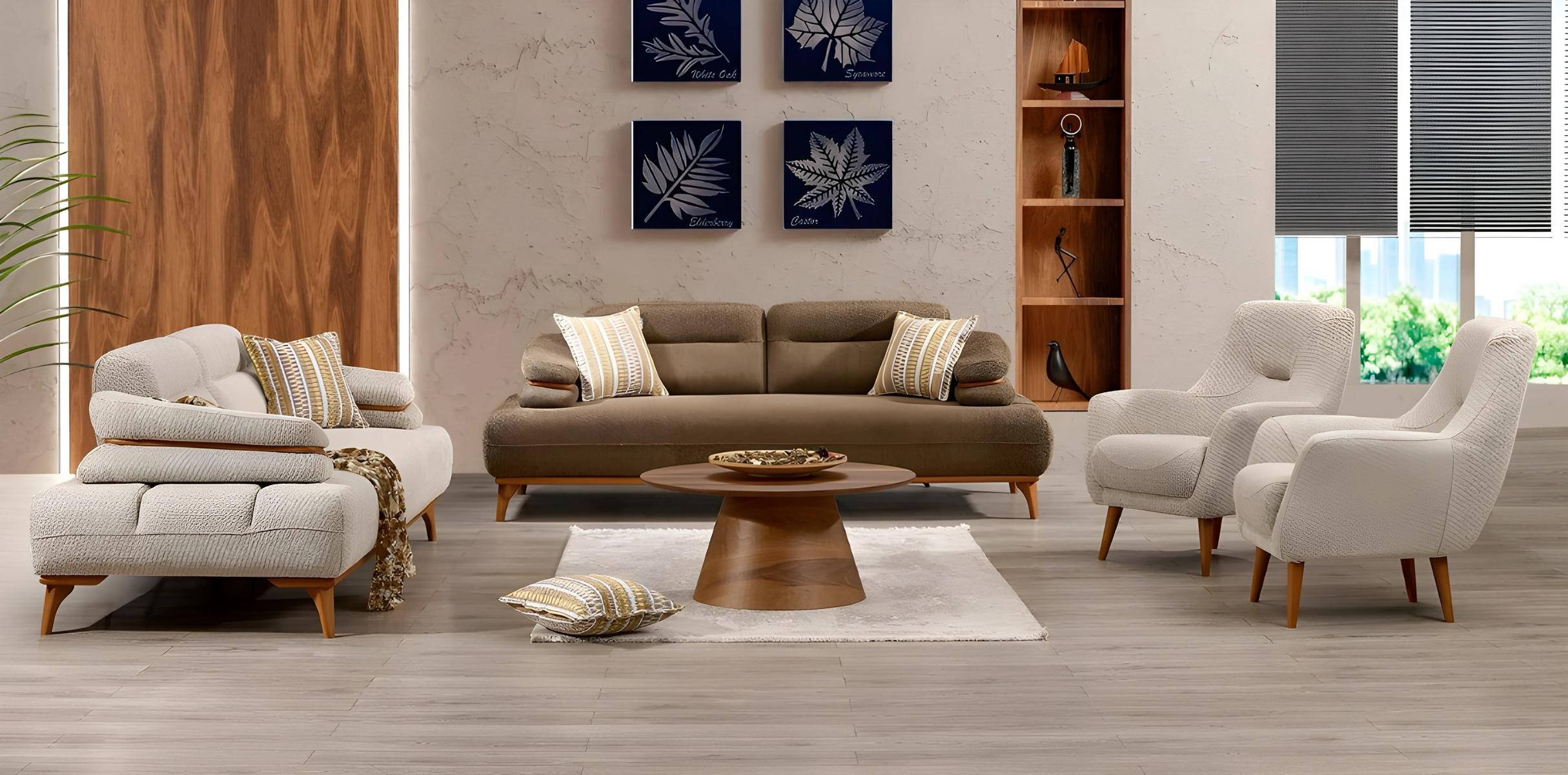 Modern white fabric sofa set with wooden frame, 4-piece.