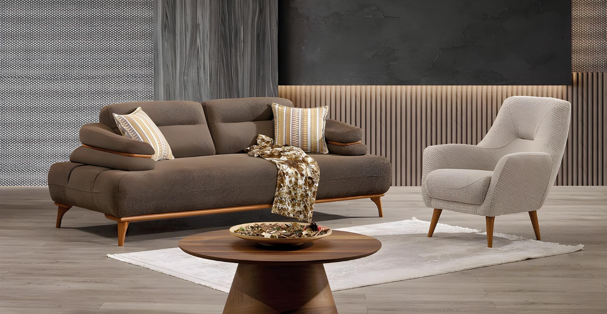 Elegant brown living room set made of fabric and wood.