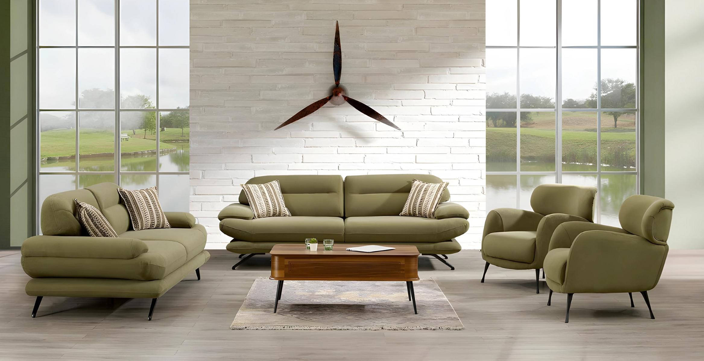 Green fabric sofa set with wooden frame, modern and stylish.