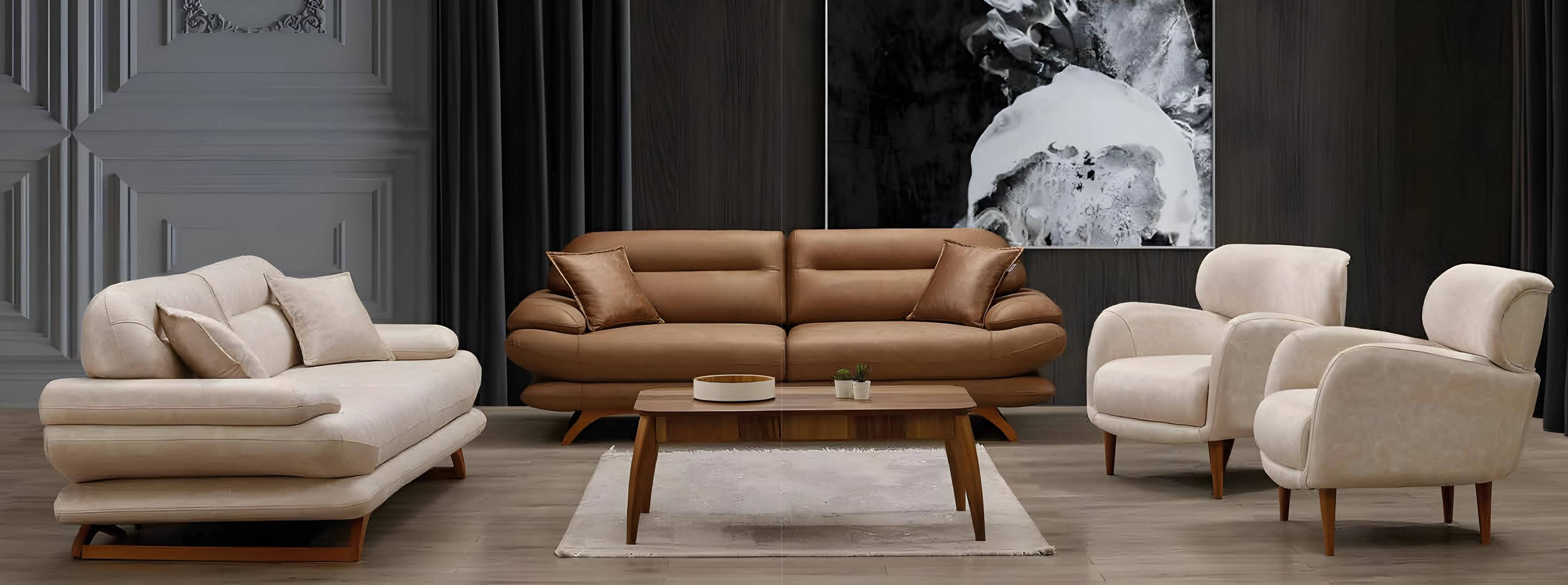 Modern white sofa set made of synthetic leather with an armchair and a loveseat.