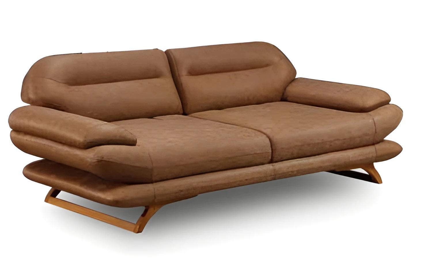 Modern brown fabric sofa, 3-seater with wooden frame.