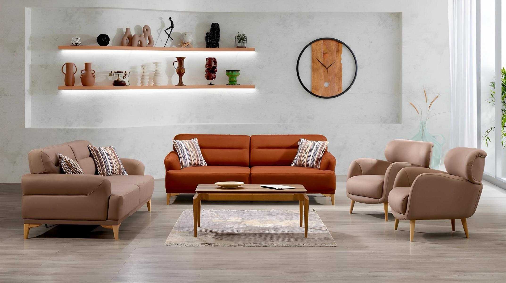 Beige fabric sofa set with a wooden frame, modern and elegant.