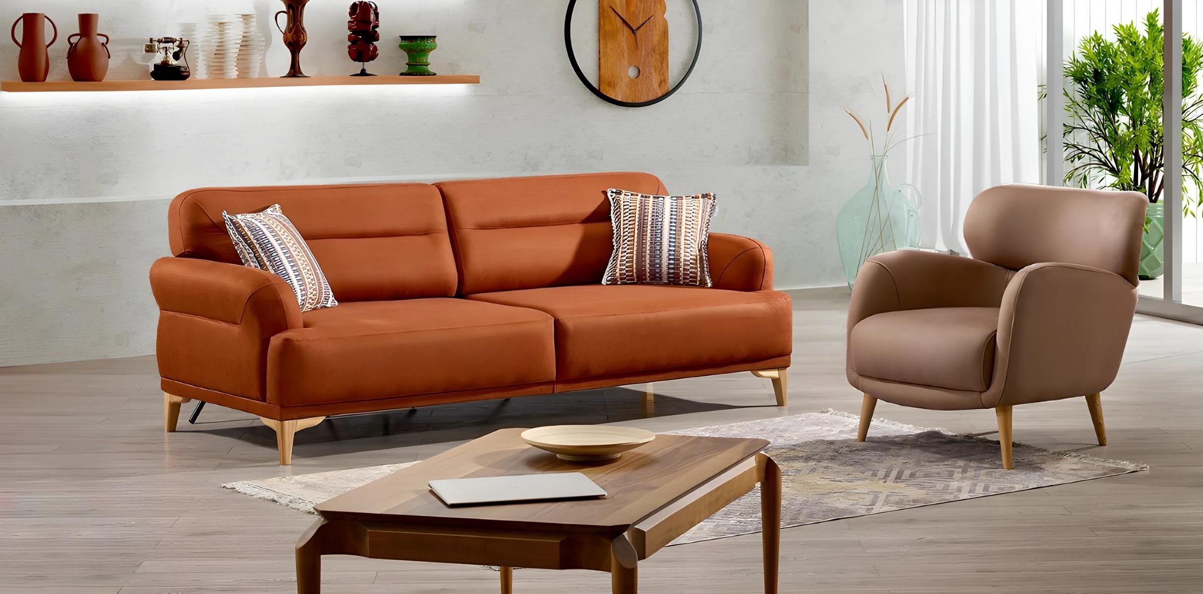 Modern orange fabric sofa set 3+1 with wooden frame