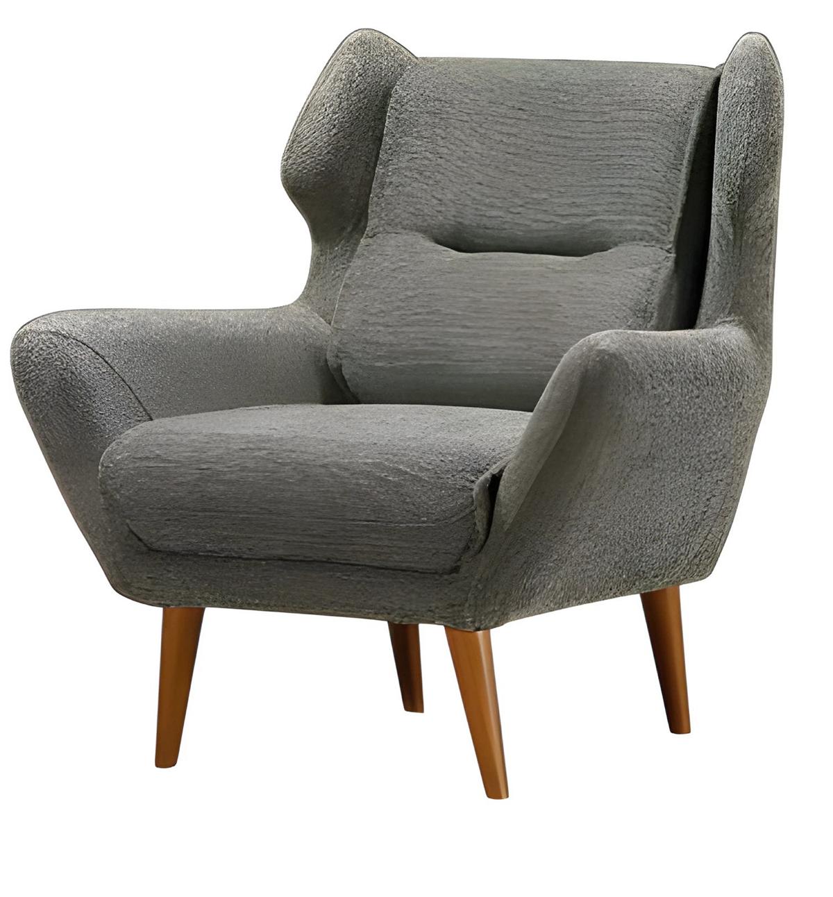 Modern gray upholstered armchair made of wood for a stylish living room.
