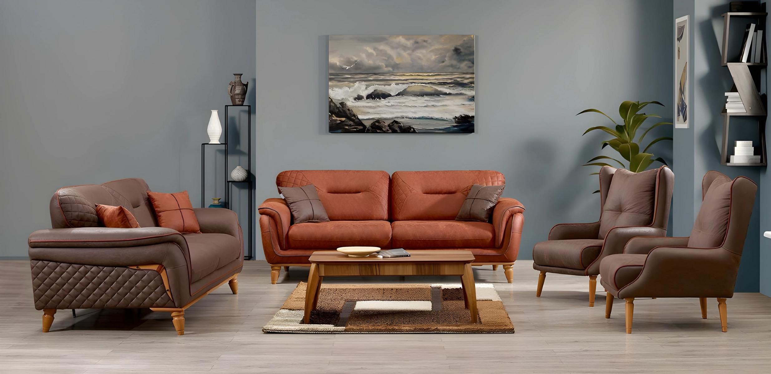 Modern brown fabric sofa 4-piece living room set with wooden frame.