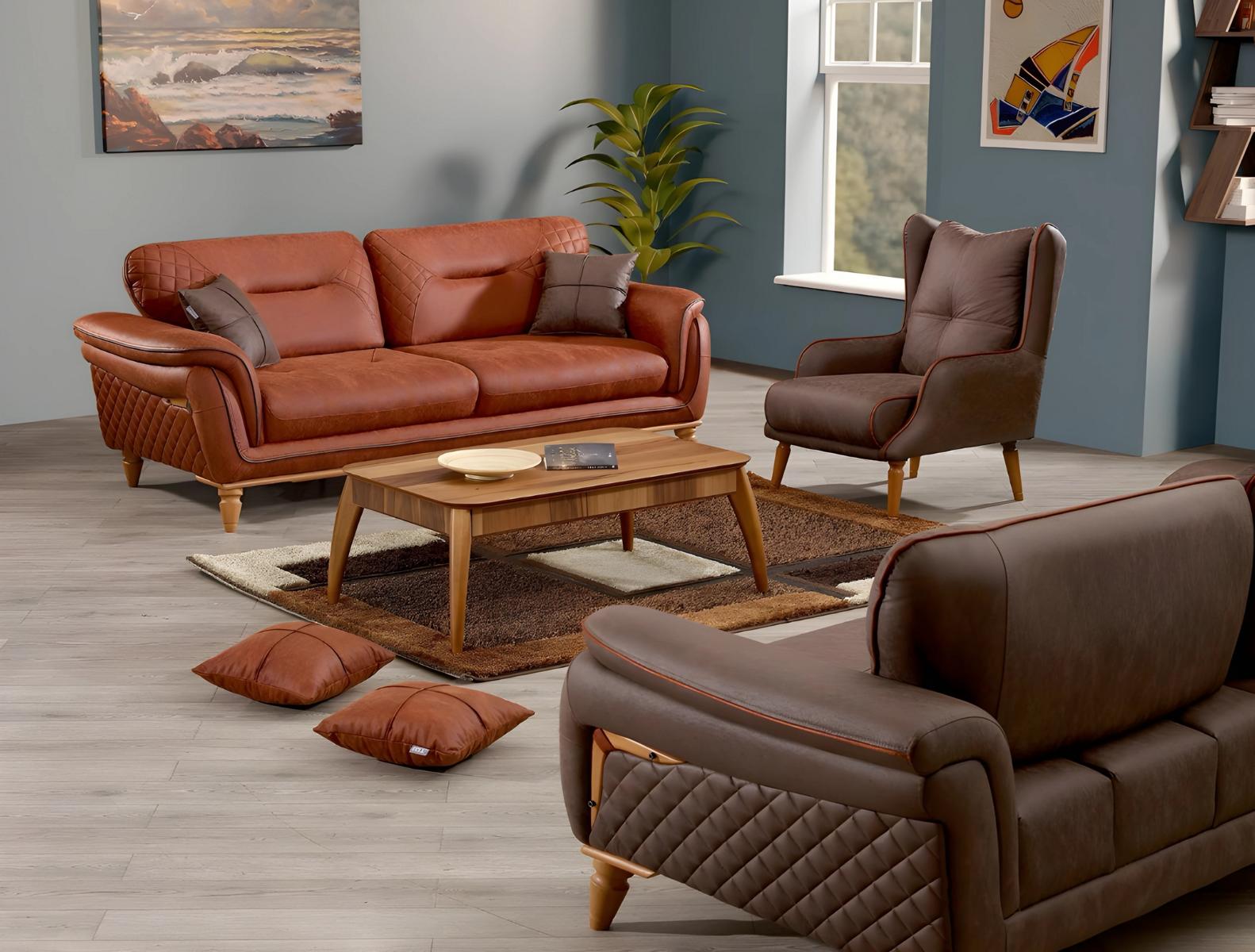 Elegant living room set made of fabric in orange with a wooden frame.