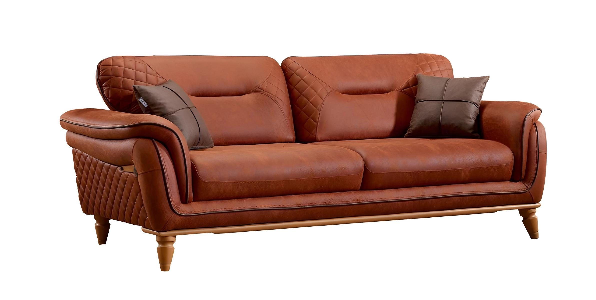 Modern orange fabric sofa with wooden frame for living room.