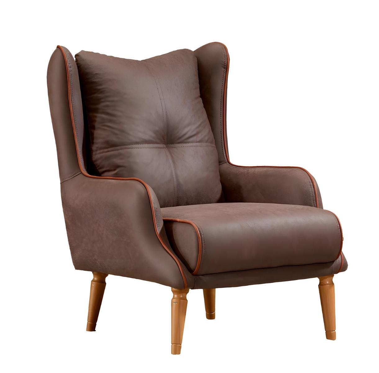 Modern brown upholstered armchair made of wood for the living room.