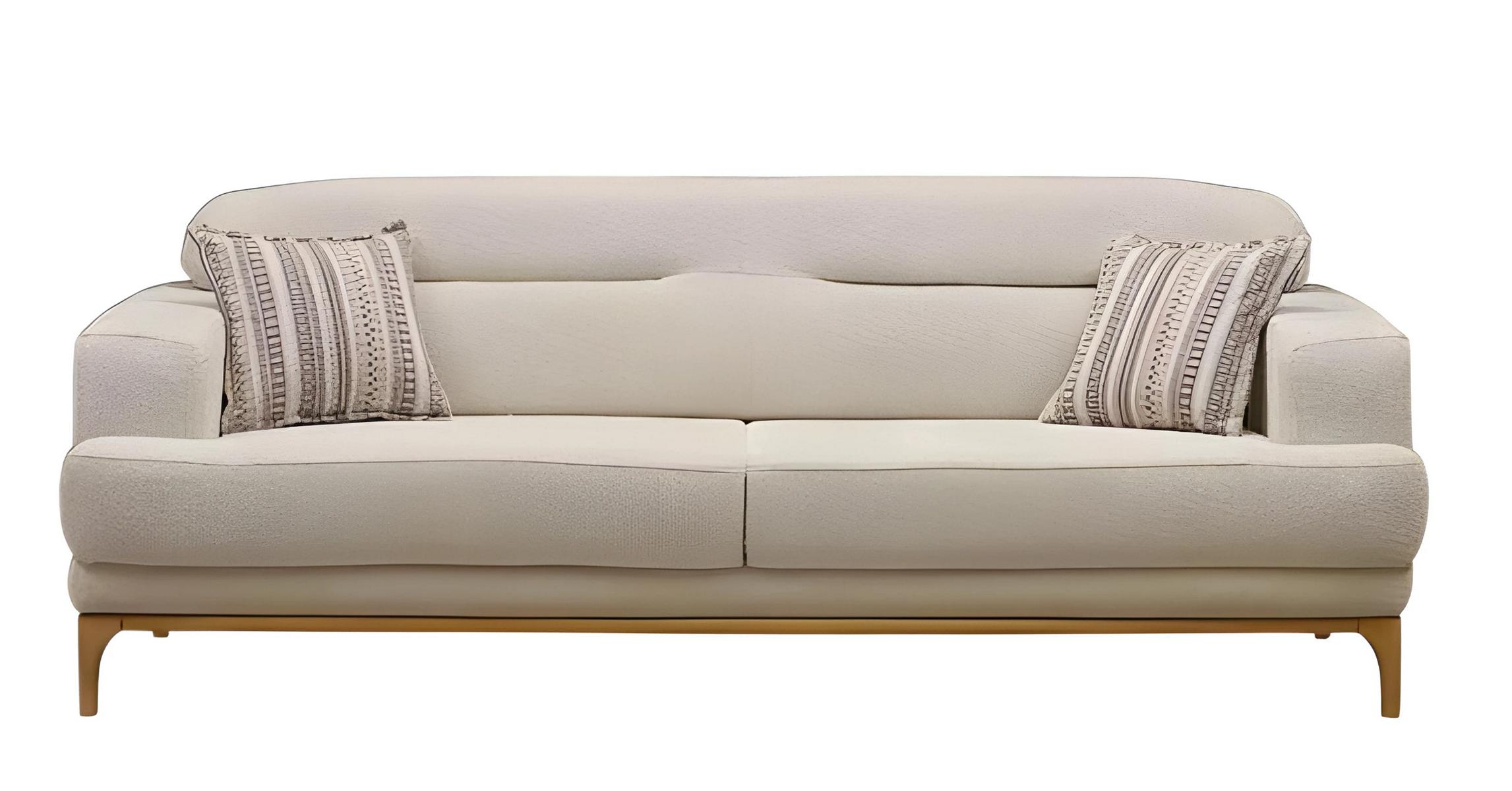 Elegant white fabric sofa with a wooden frame in a modern design.