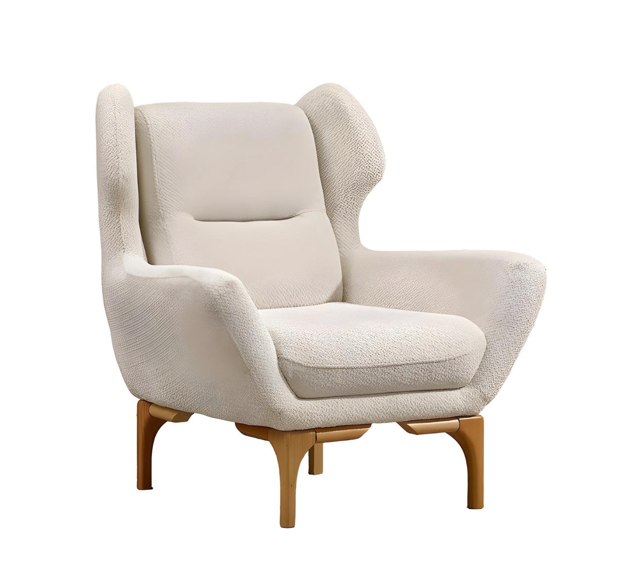 Elegant white fabric armchair in modern design.
