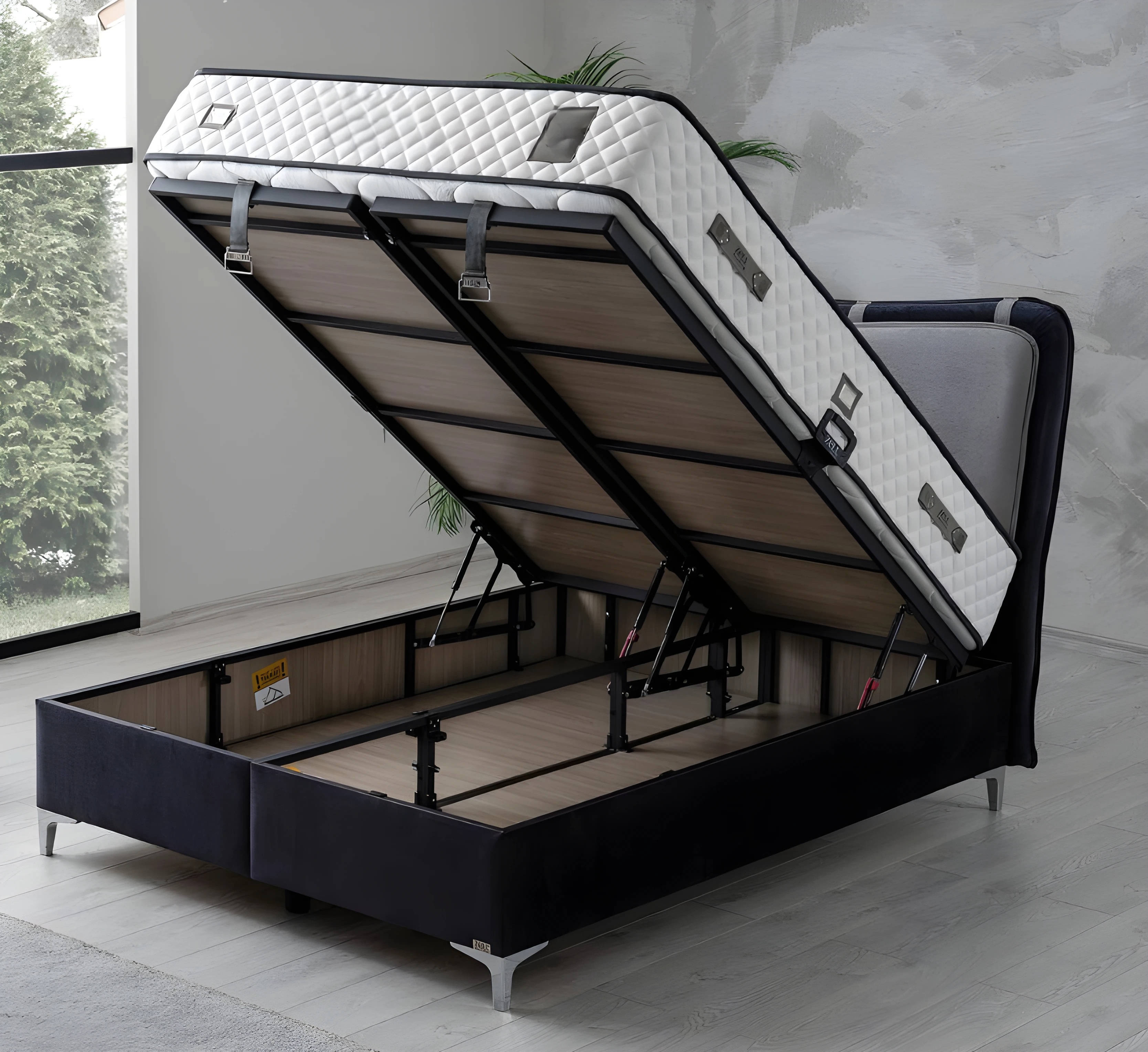 Gray wood and textile bed in modern design