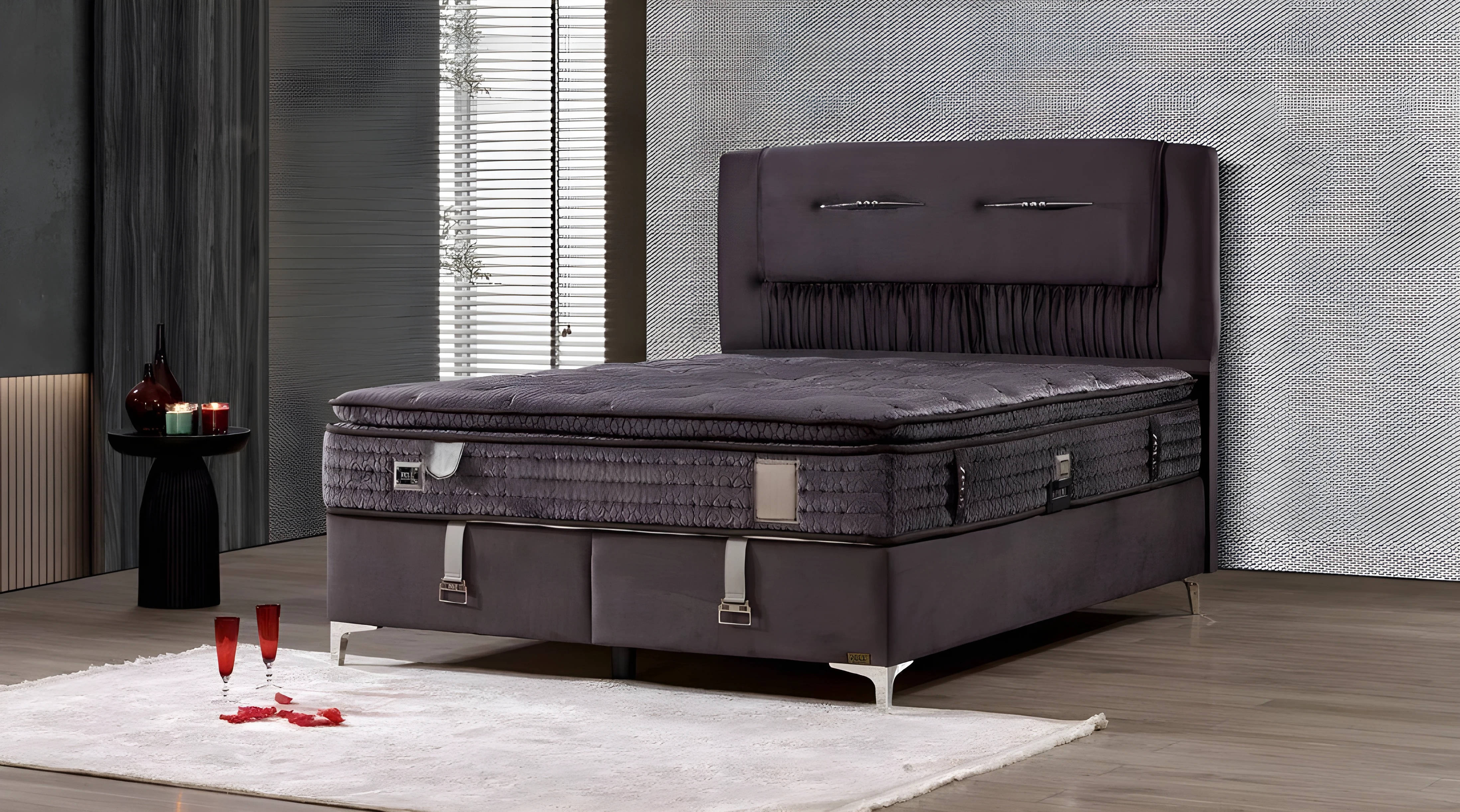 Elegant brown bed with mattress made of wood and textile.