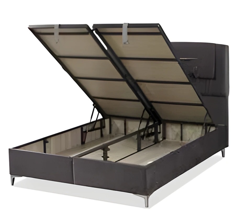 Brown wooden bed with a modern design and elegant appearance.