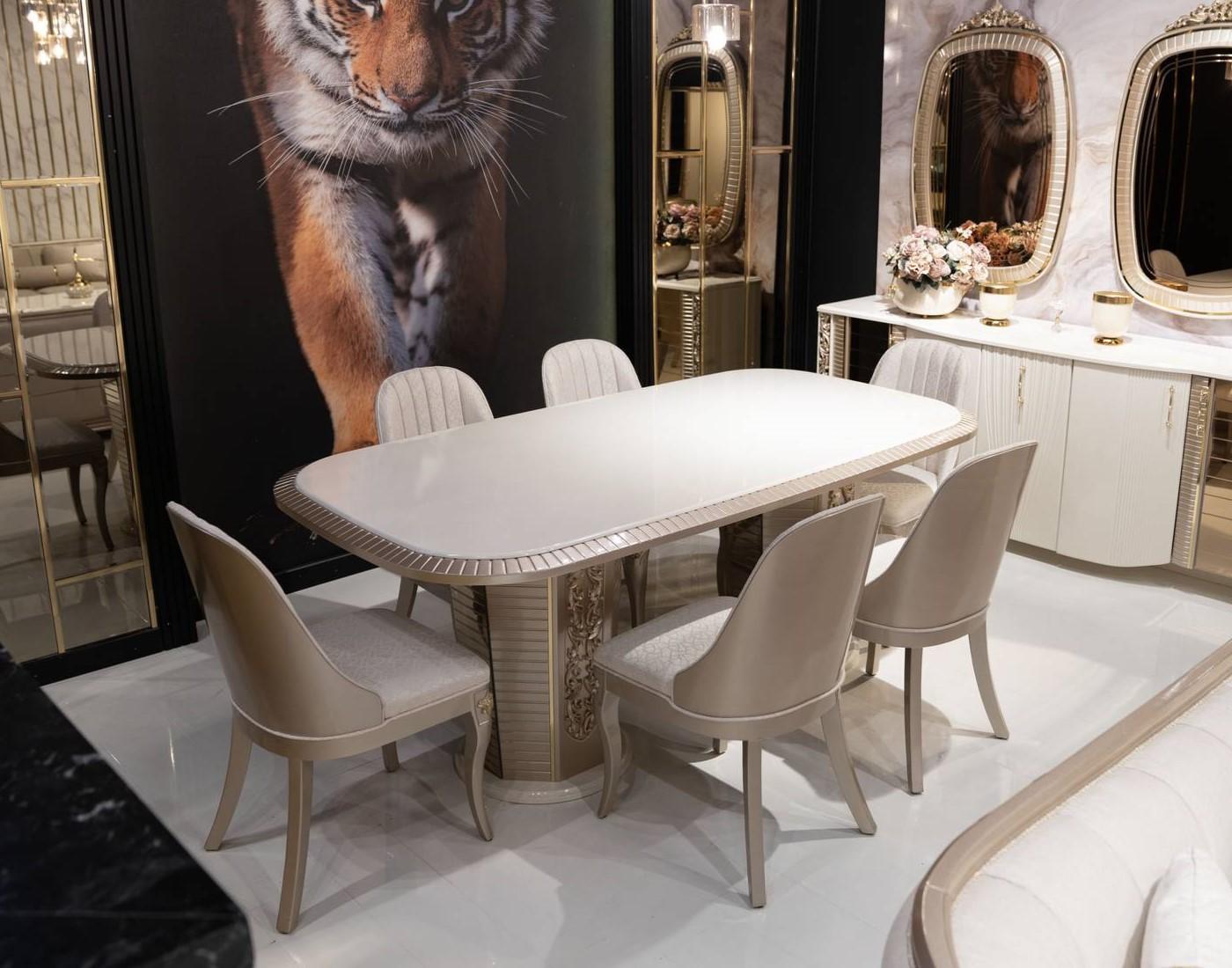Elegant dining table and chair set made of wood in modern beige.