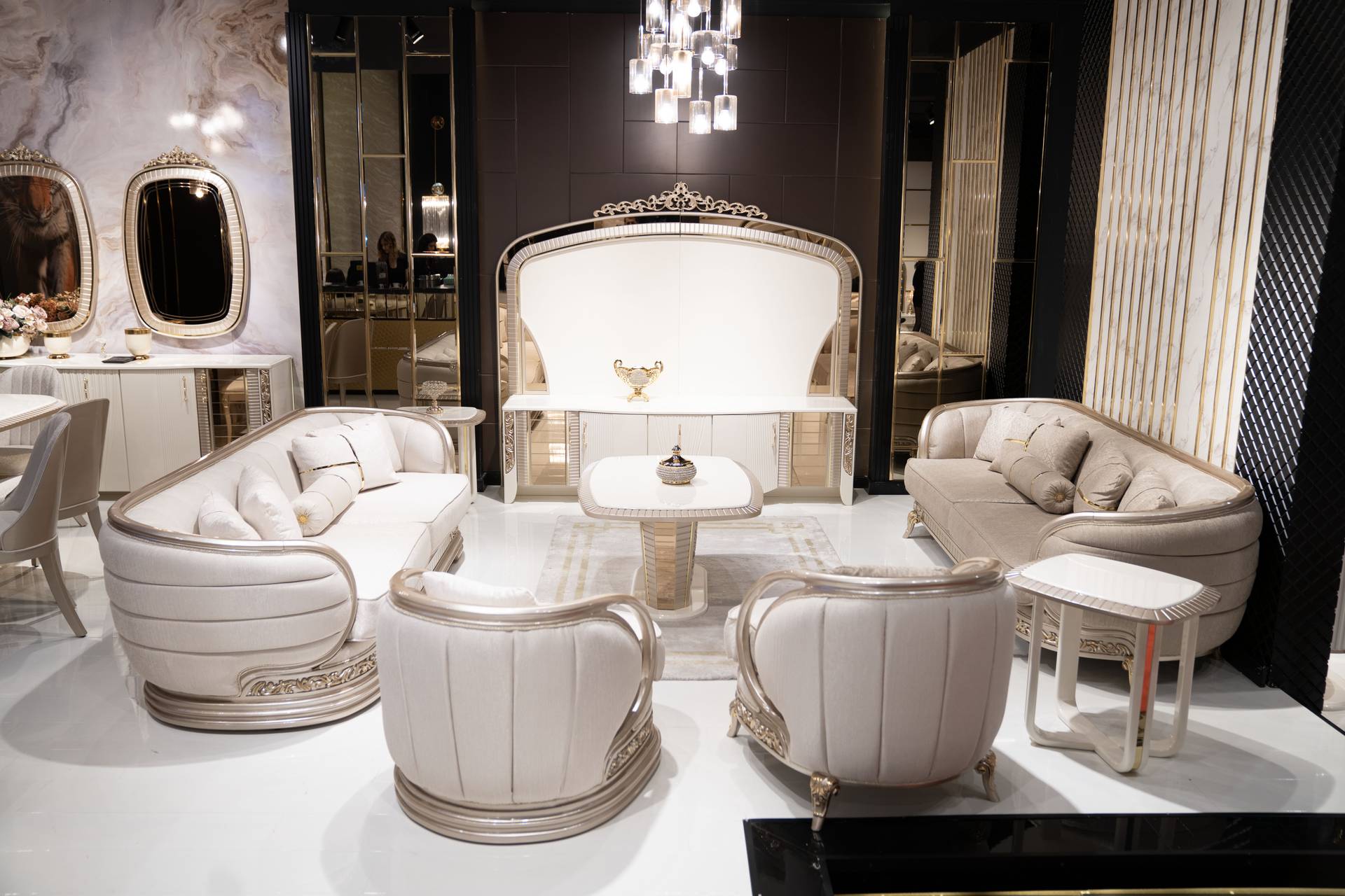 Living room set made of wood and textile in beige, modern, stylish.