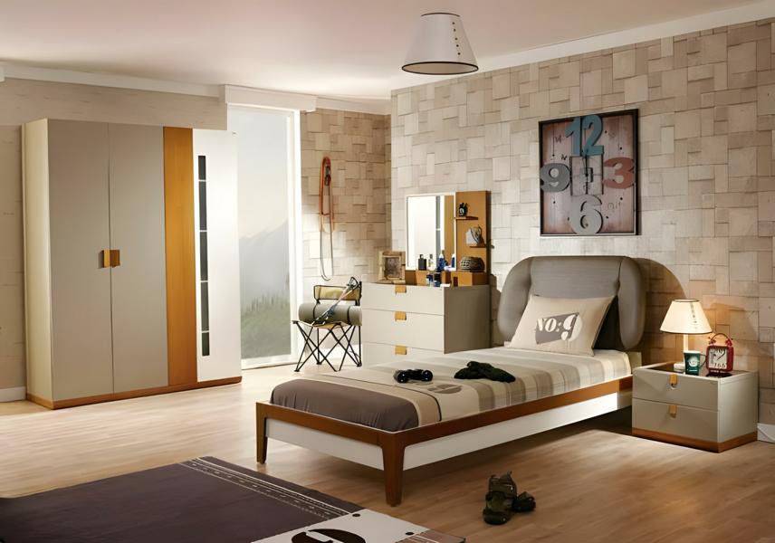 Gray children\'s room set made of wood with bed, wardrobe, and desk.