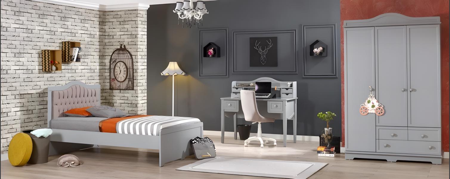 Children\'s room set in white made of wood with children\'s bed and wardrobe.