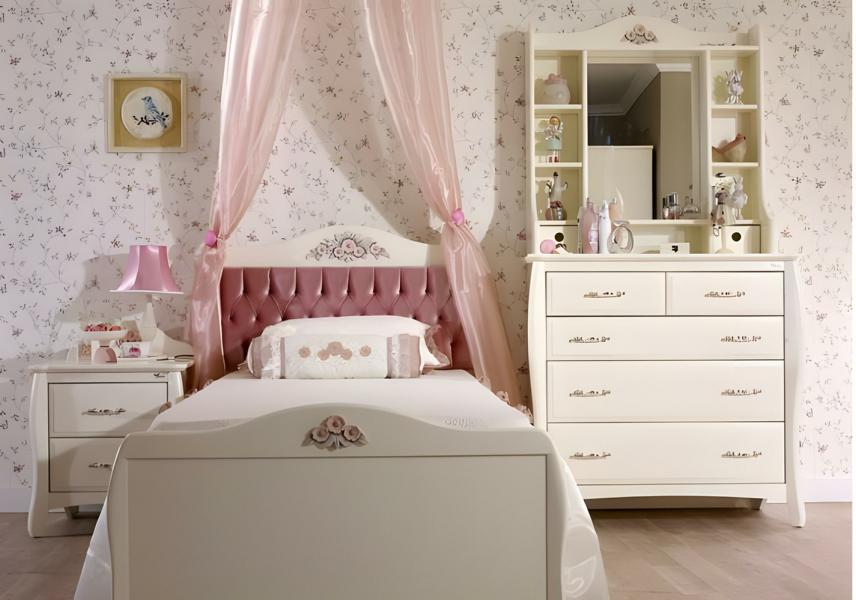 White children\'s room set made of wood with bed, nightstand, and wardrobe.