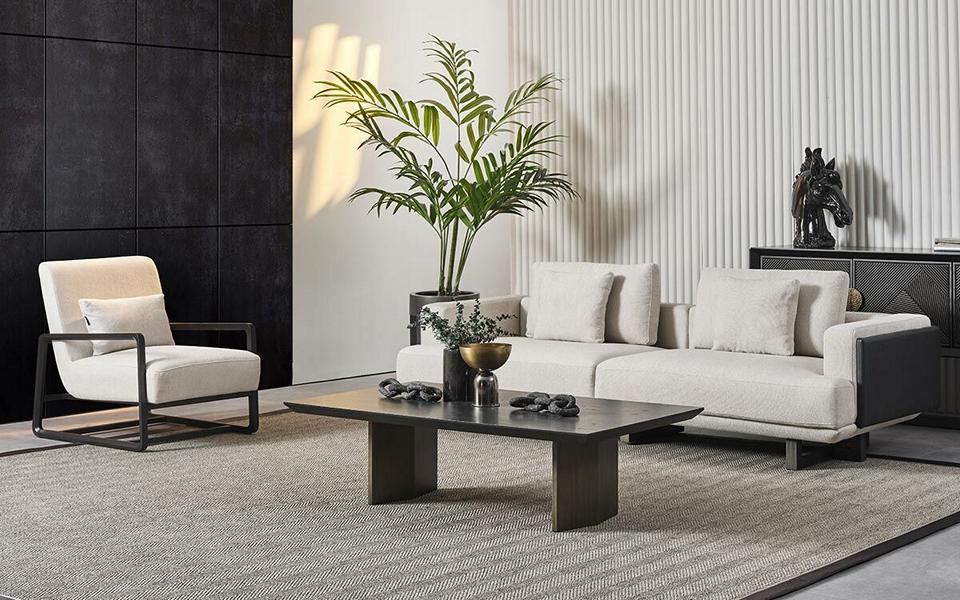 Elegant wooden living room furniture set in brown with a 3-seater sofa and armchair.