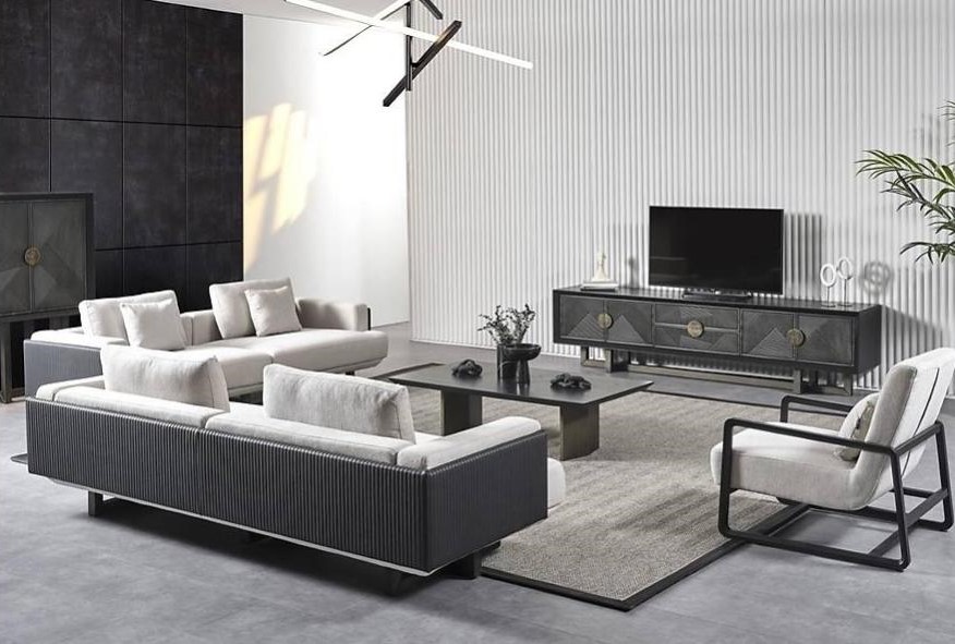 Modern living room furniture set made of brown wood with sofas and armchairs.