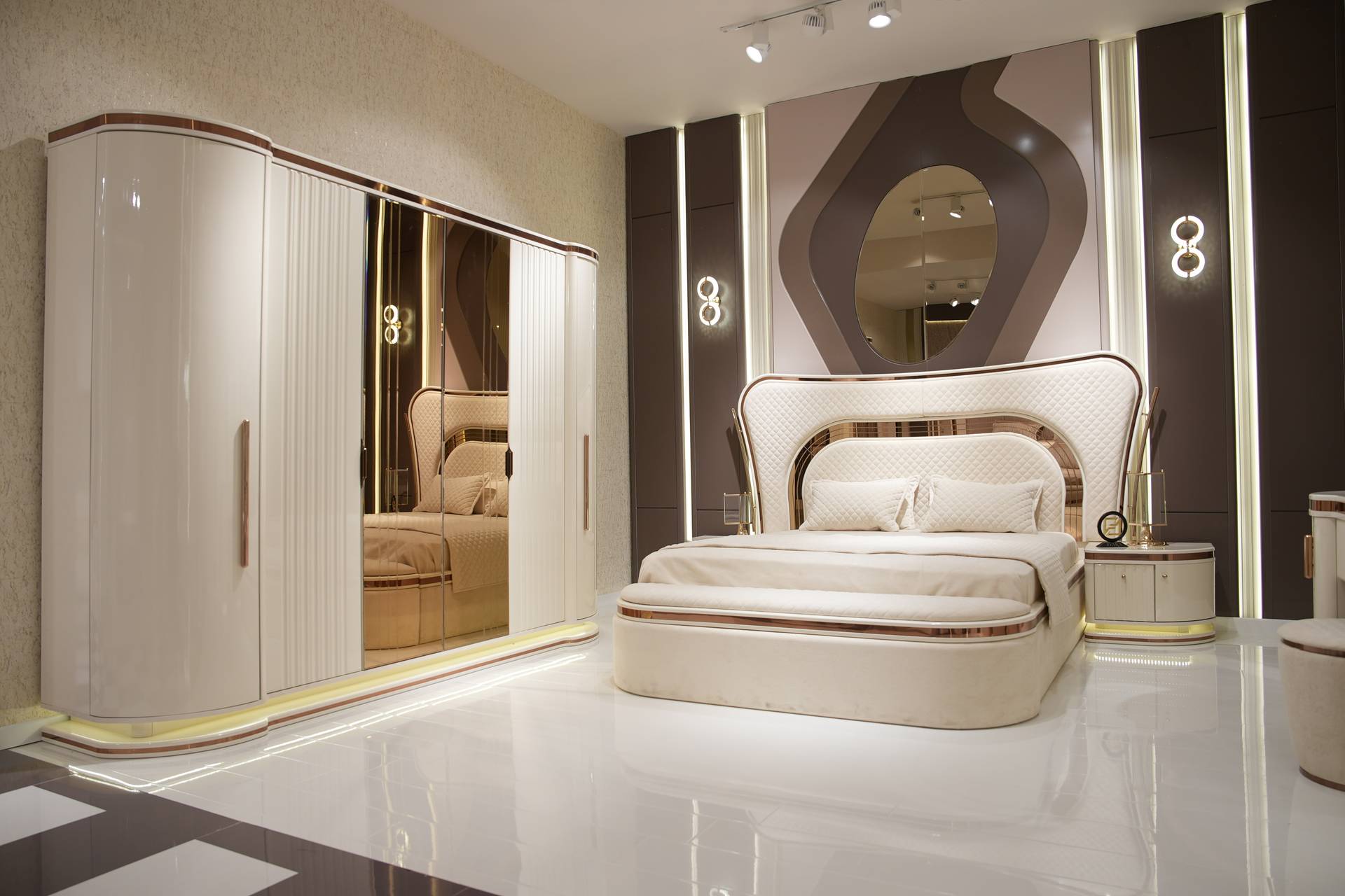 Elegant white wooden bedroom set with modern design.