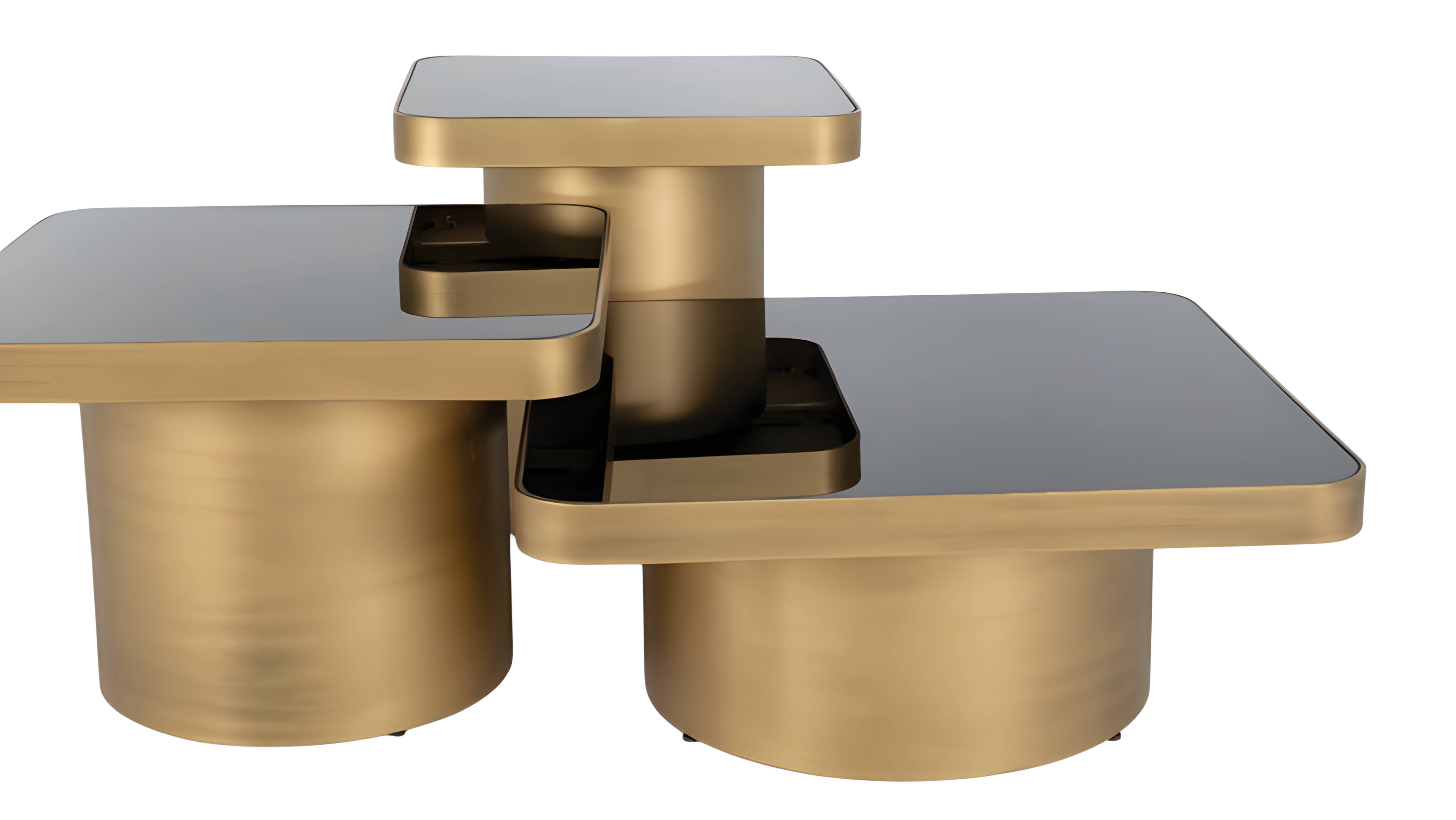 Elegant golden wooden coffee table with side tables in a modern style.