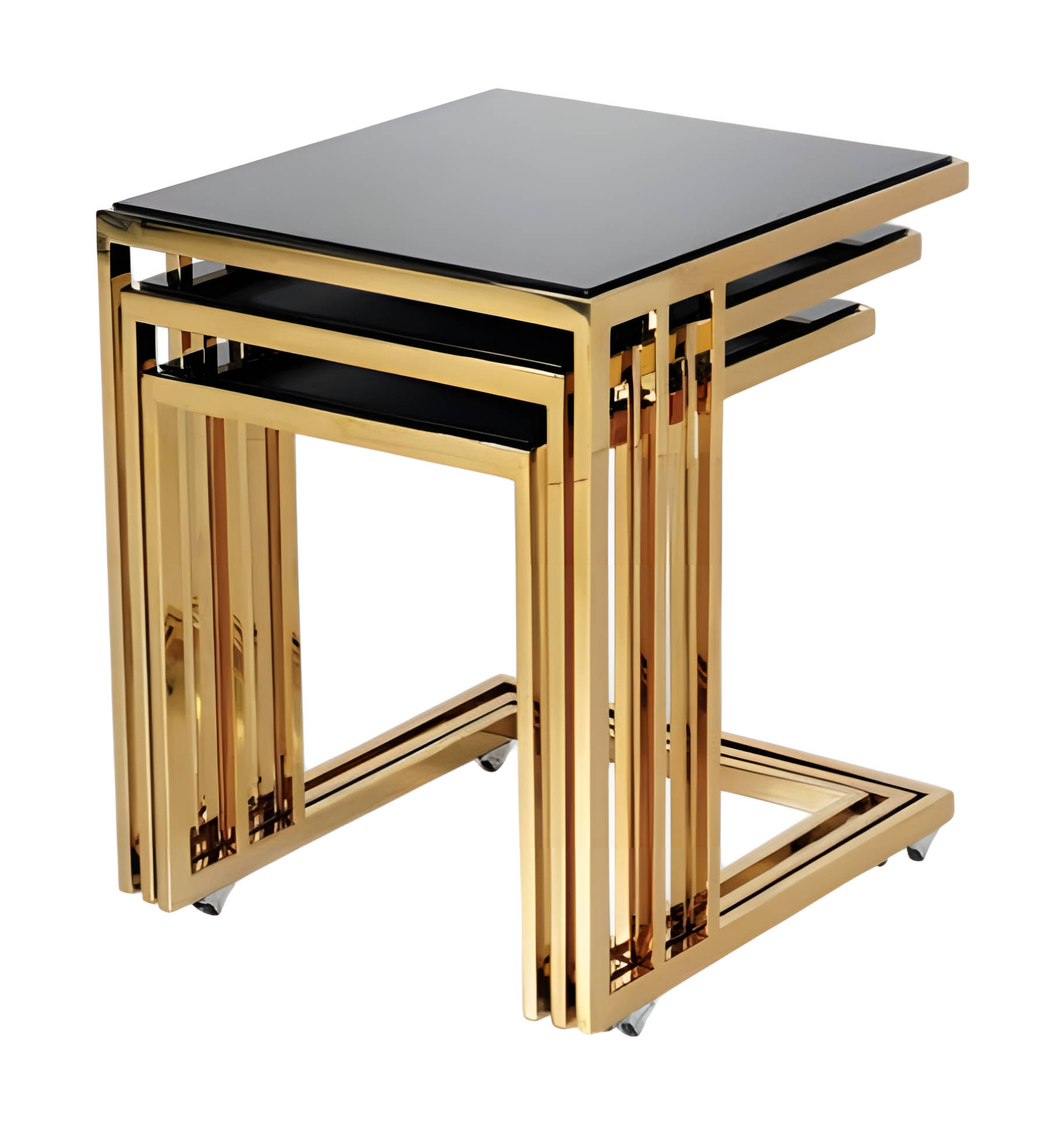 Black side table made of stainless steel, modern and elegant.