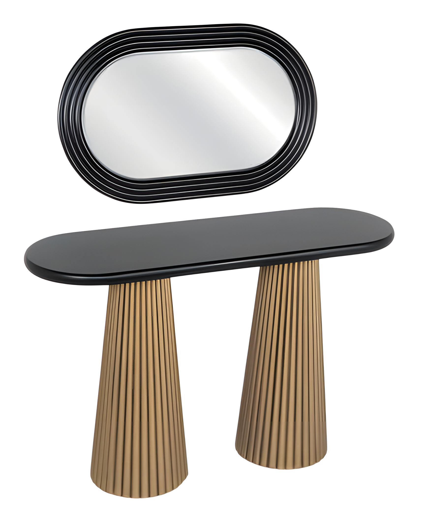 Wooden vanity table in black with a mirror, modern and elegant.