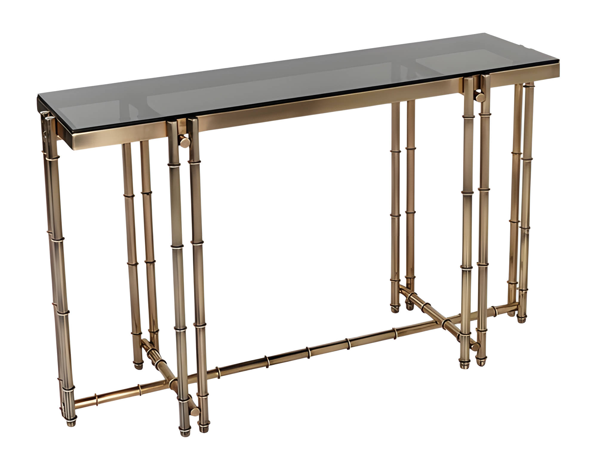 Golden console table made of metal and glass in an elegant design.