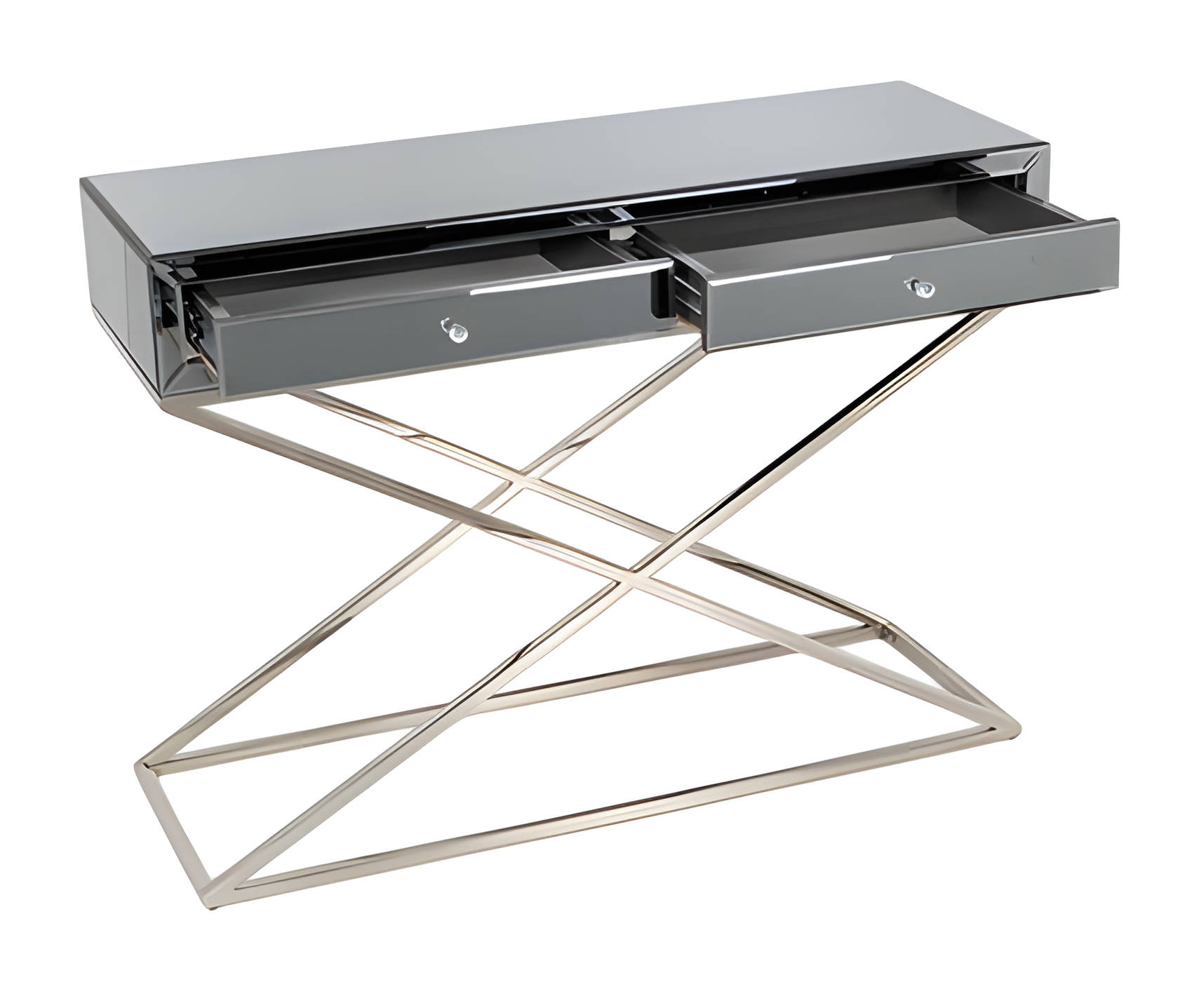Elegant gray console table made of wood and metal.