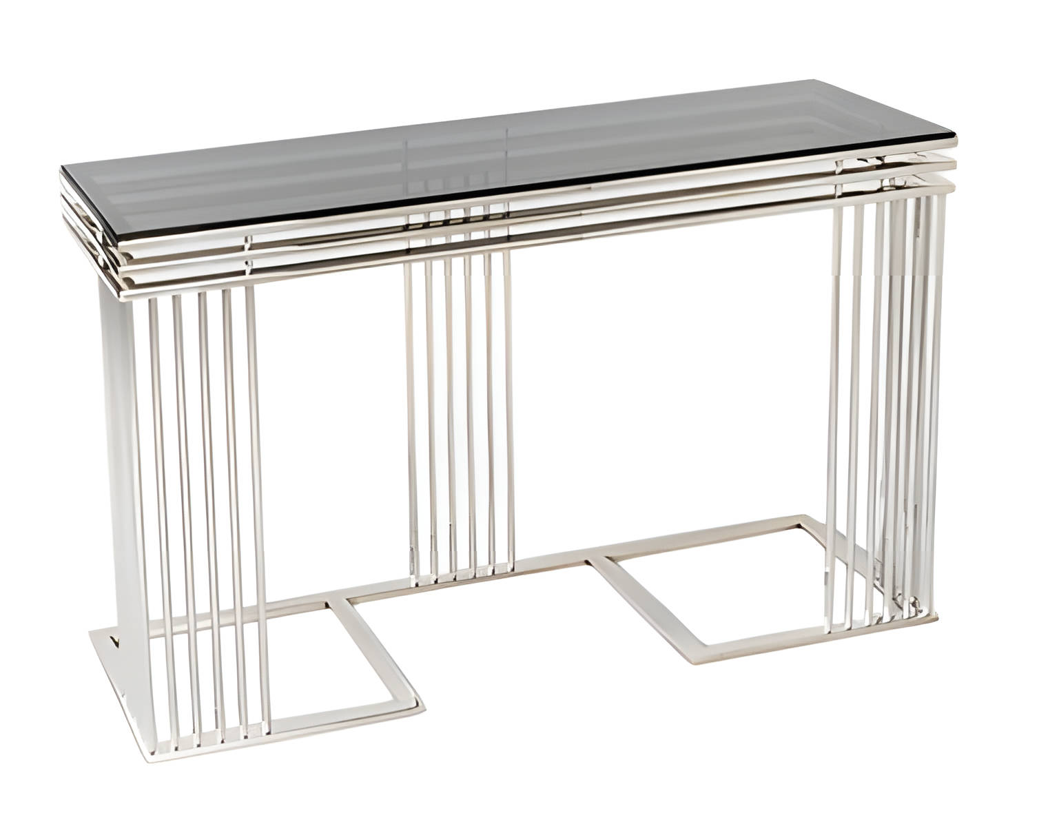 Modern gray console table made of metal and glass.