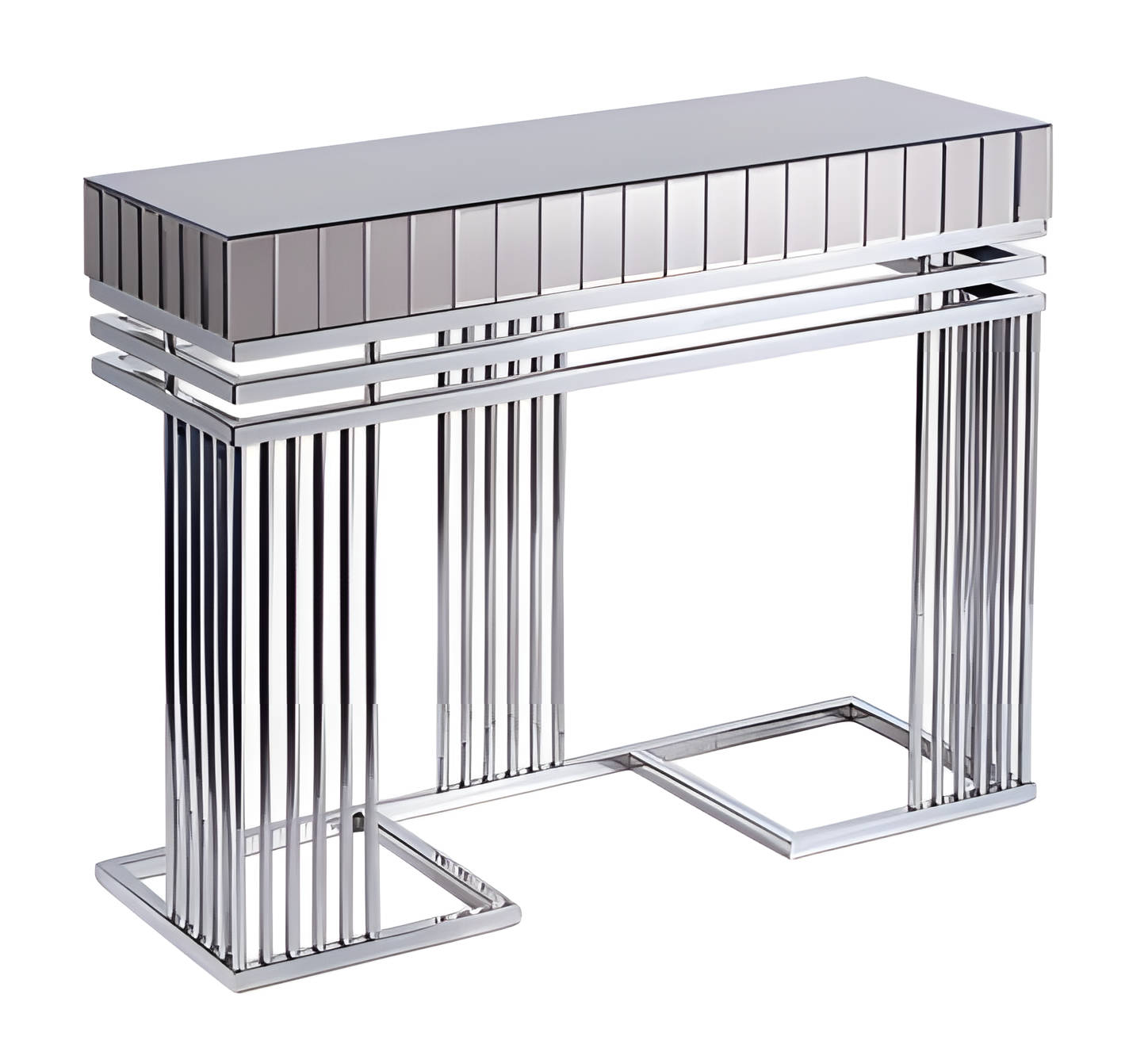 Modern gray console table made of metal and glass.