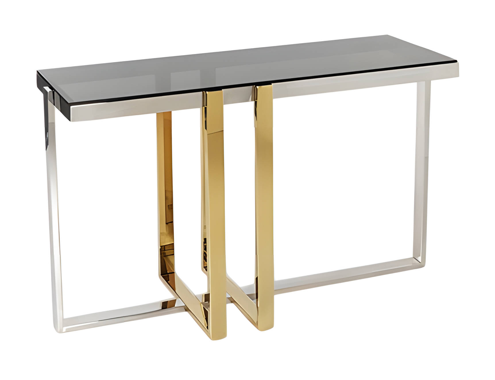 Modern console table made of metal and glass in gray.