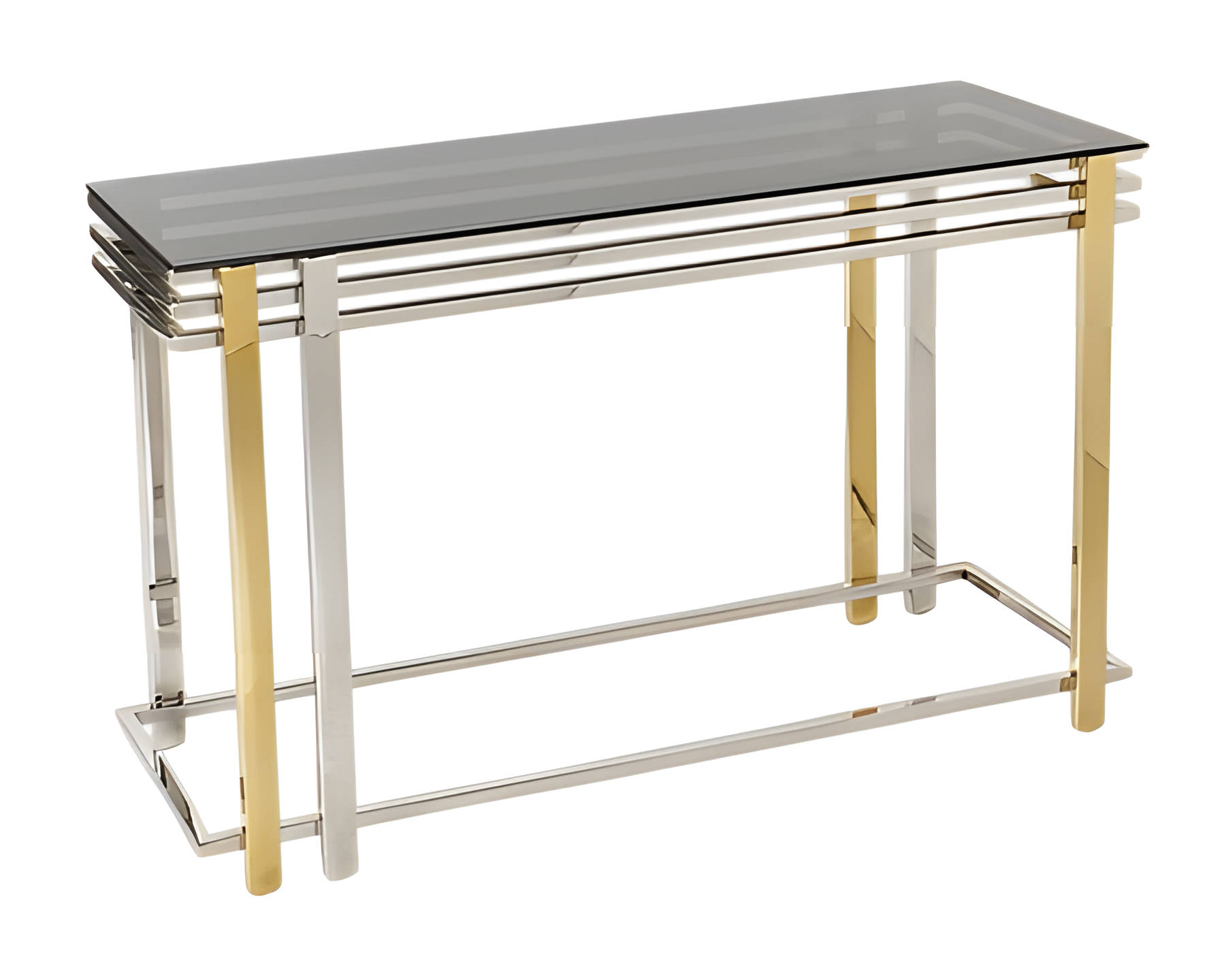 Modern gray console table made of metal and glass.
