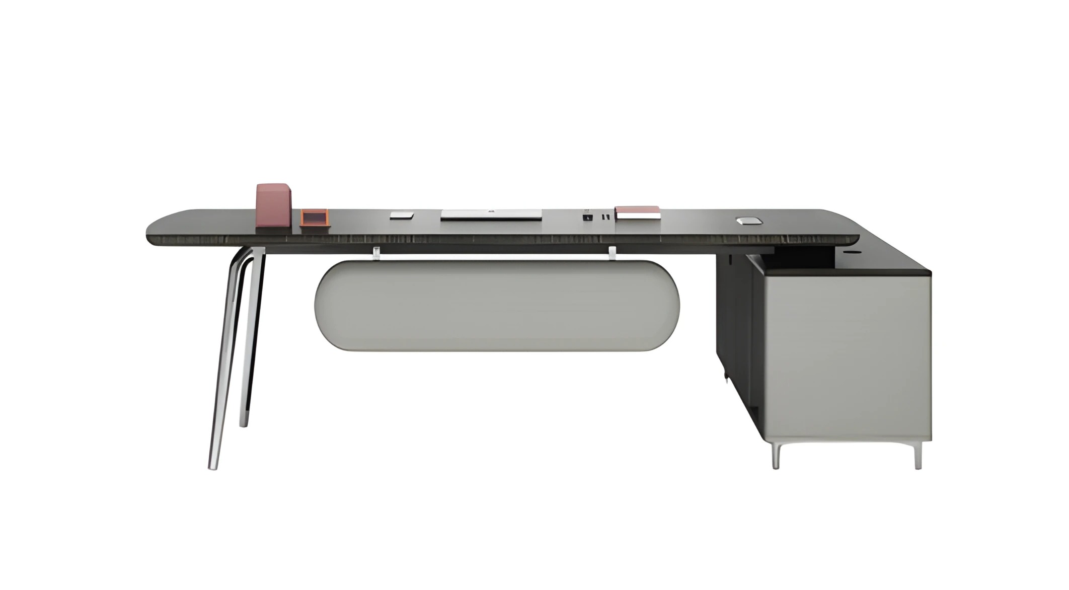 The translation of the German text is:
"Modern wooden corner desk for the office, executive desk."