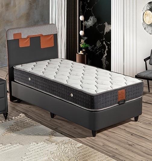 Black wood-textile bed with mattress, modern and elegant.