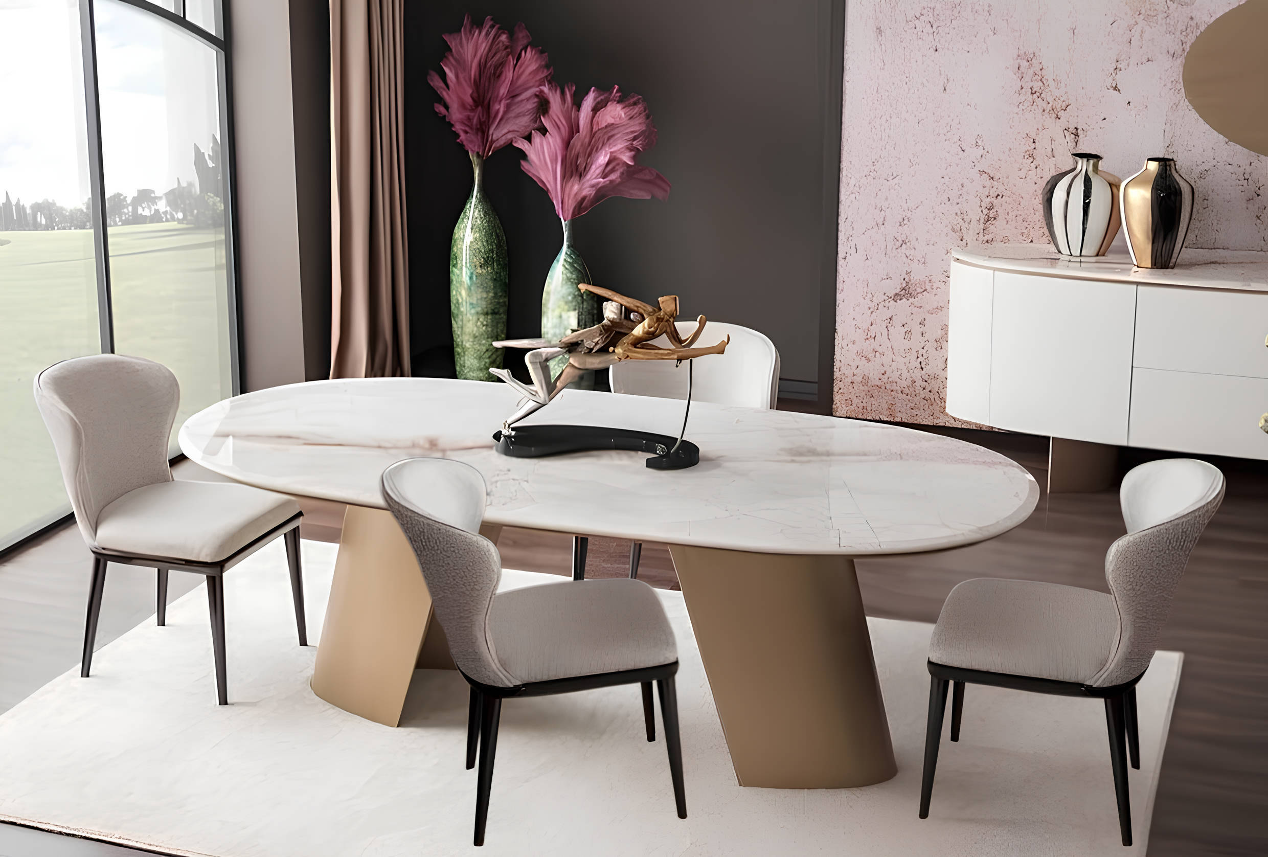 Dining room set with a stylish dining table and 6 comfortable chairs.