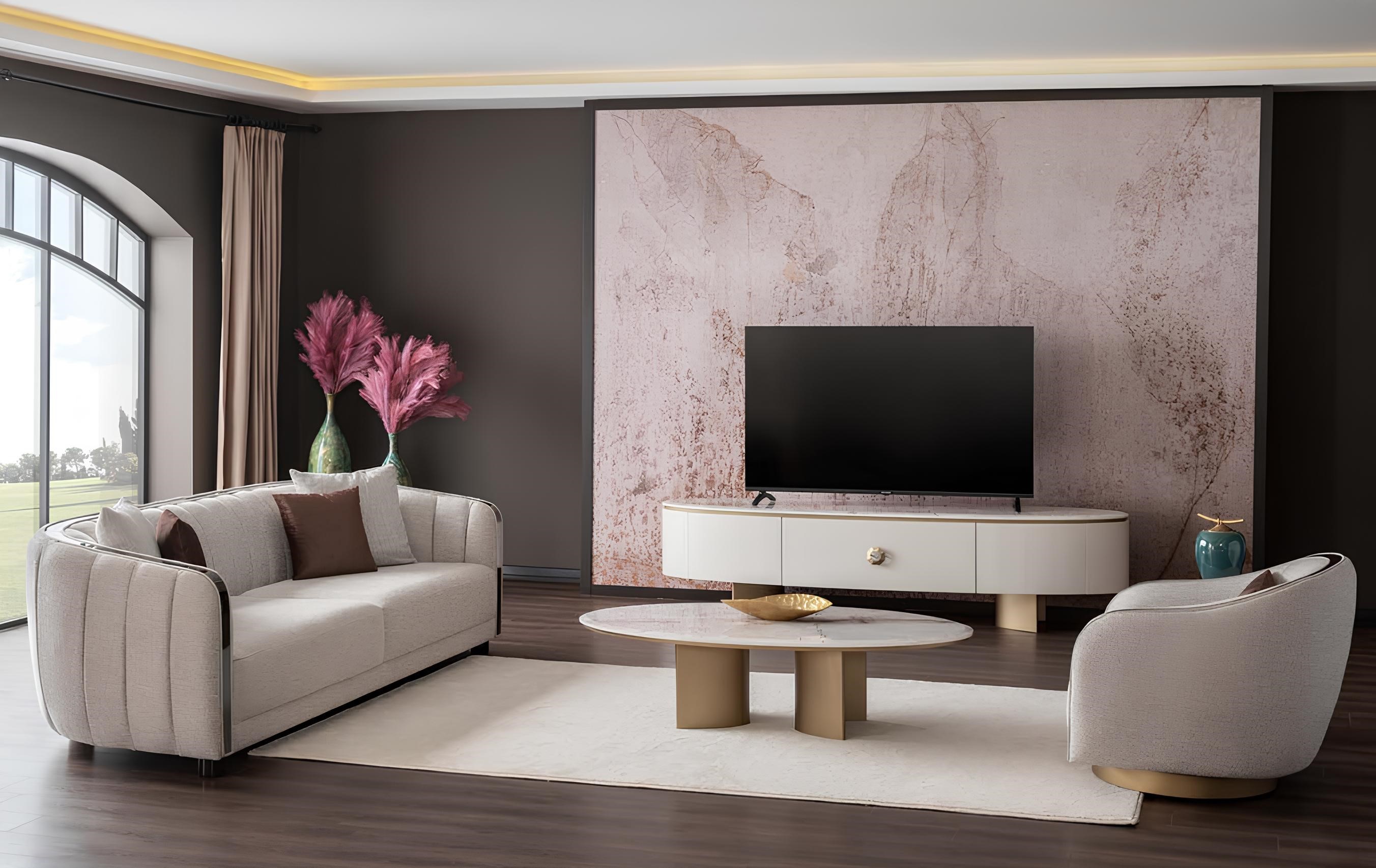 Living room set with 3-seater and 1-seater, coffee table, and modern TV lowboard.