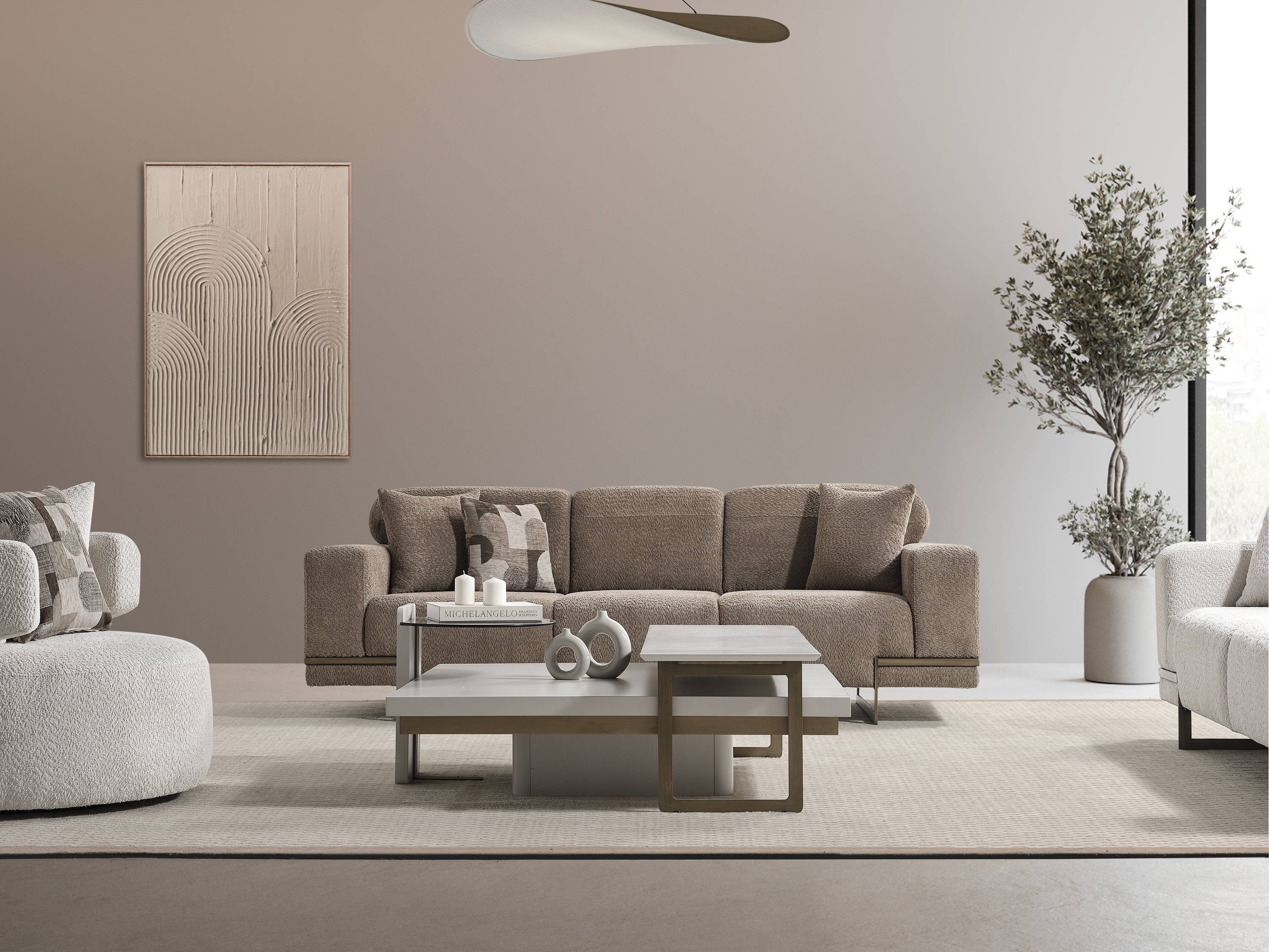 Modern beige fabric sofa for living room, 4-seater, elegant design.