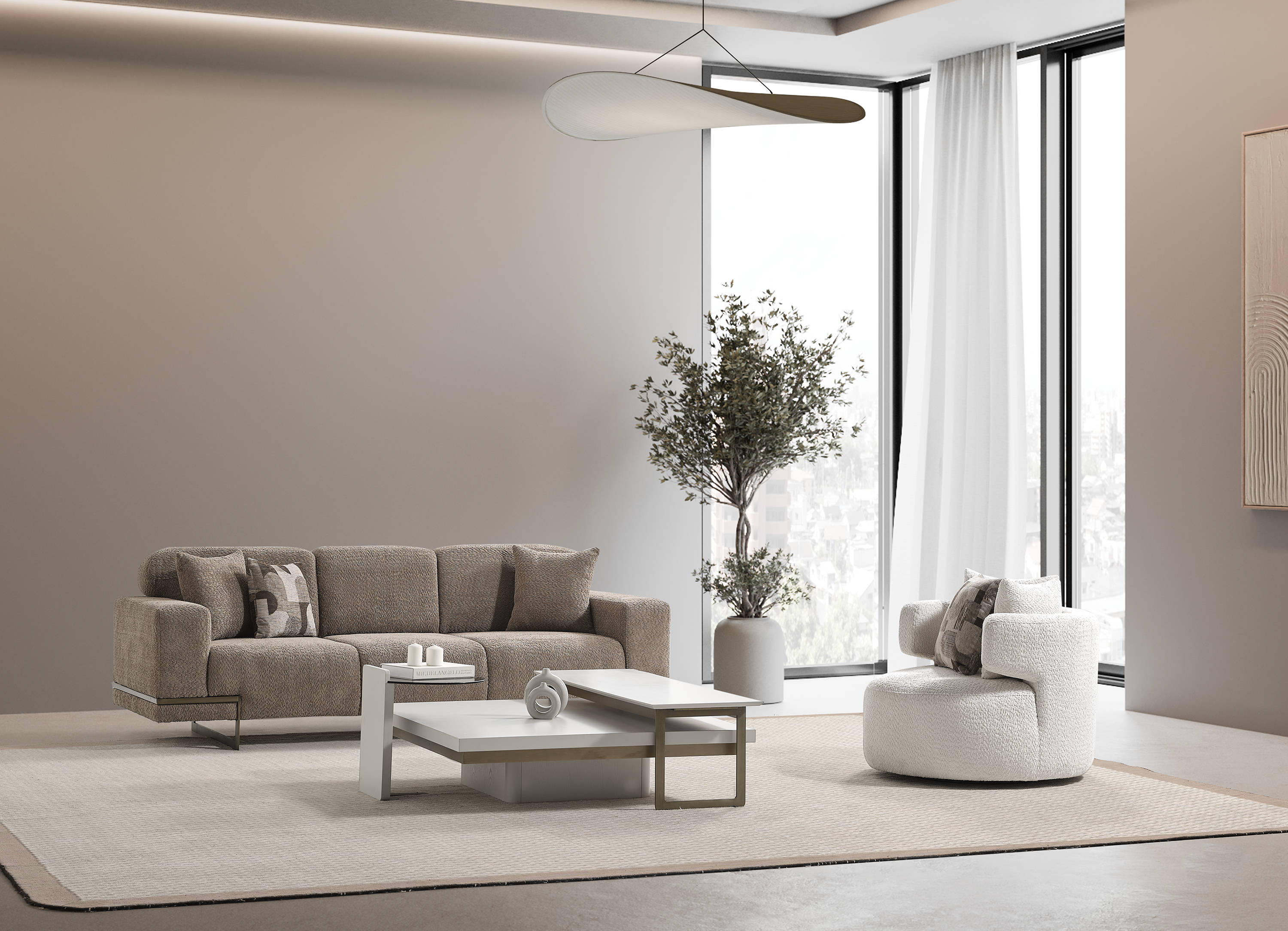 Beige fabric sofa and armchair set, modern elegant living room furniture.